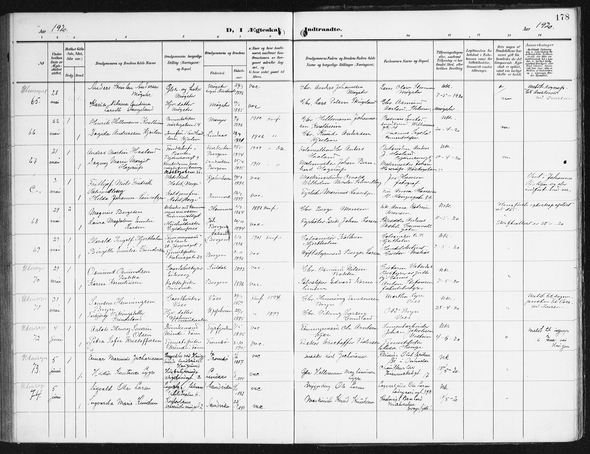 Domkirken sokneprestembete, AV/SAB-A-74801/H/Haa/L0038: Ministerialbok nr. D 5, 1906-1921, s. 178