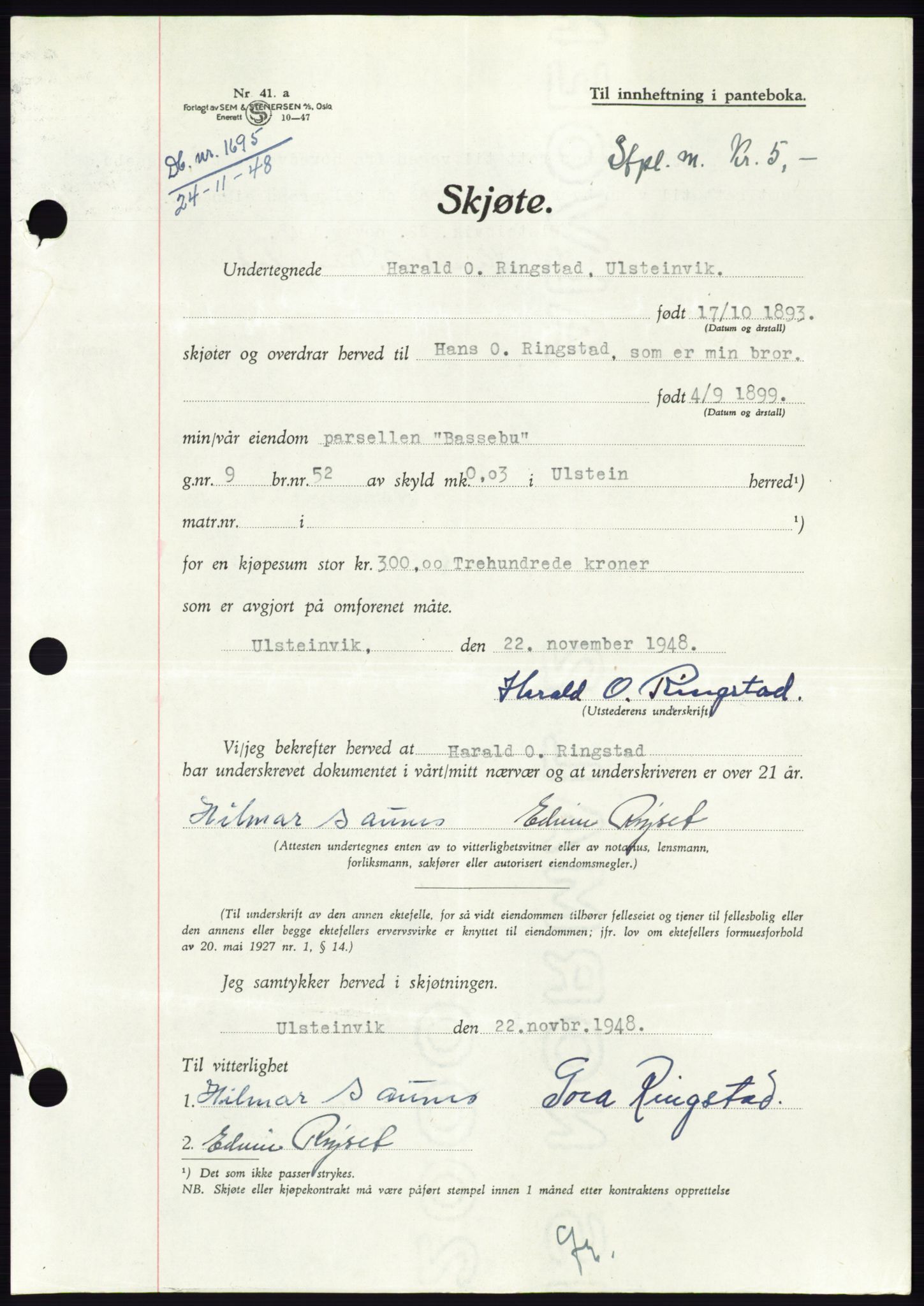 Søre Sunnmøre sorenskriveri, AV/SAT-A-4122/1/2/2C/L0083: Pantebok nr. 9A, 1948-1949, Dagboknr: 1695/1948