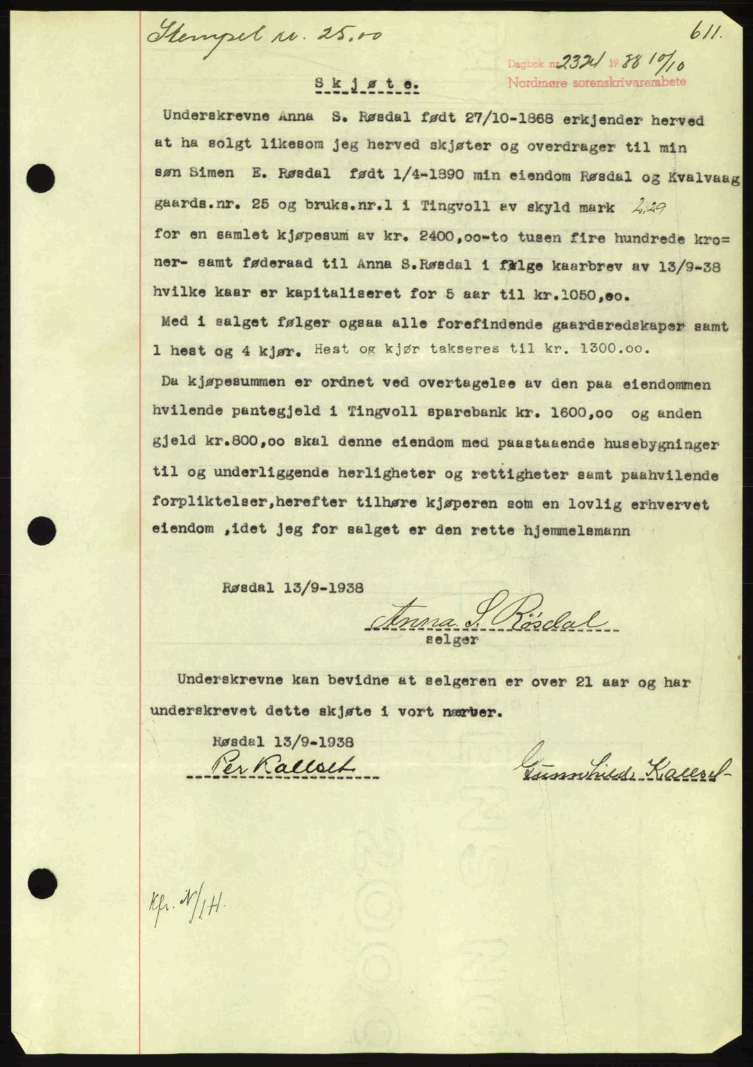 Nordmøre sorenskriveri, SAT/A-4132/1/2/2Ca: Pantebok nr. A84, 1938-1938, Dagboknr: 2324/1938