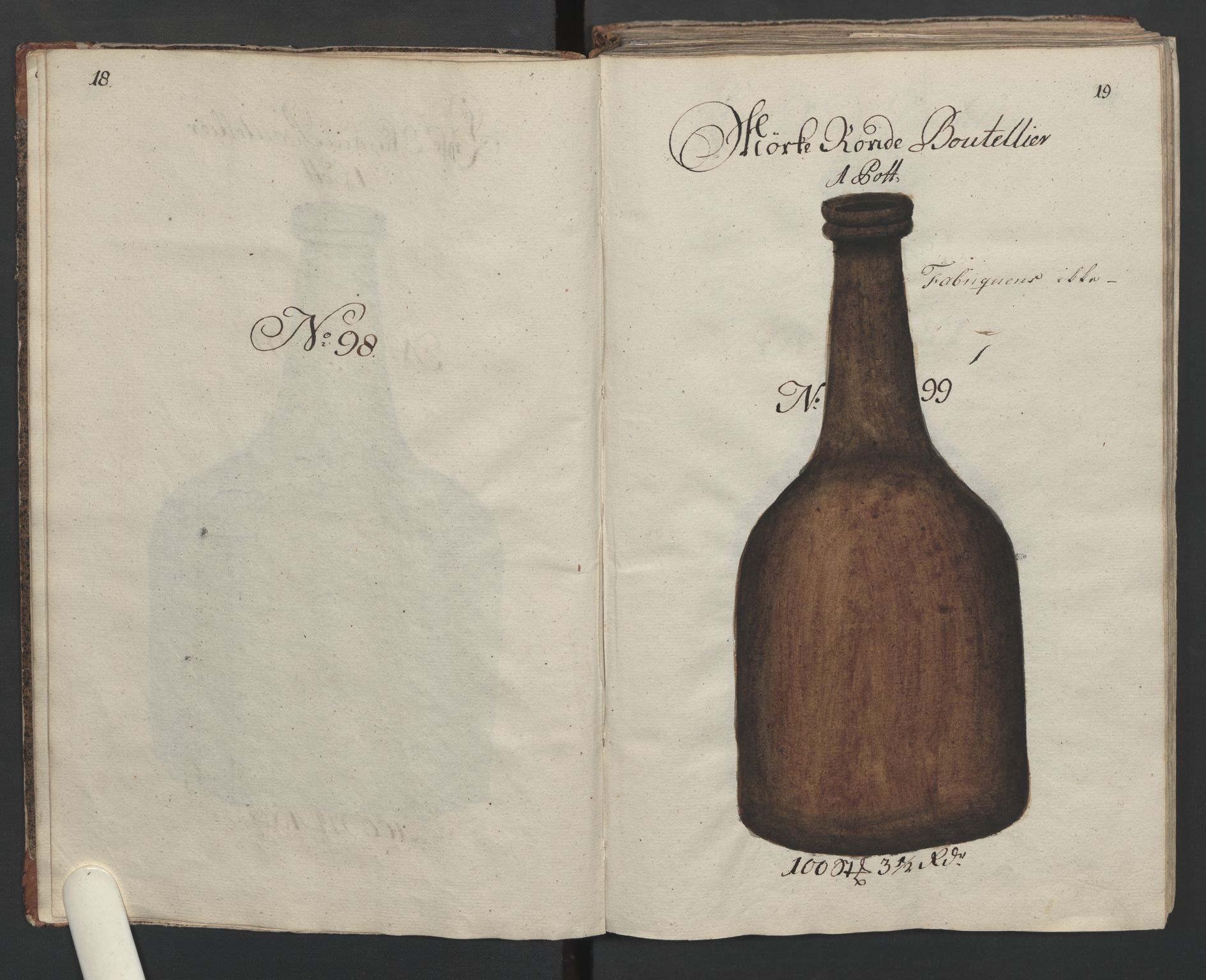 Glassverk, samlinger, AV/RA-PA-0001/F/Fa/L0036: Modellbok for Nøstetangens og Aas' produkter med prisangivelse,, 1763, s. 18-19