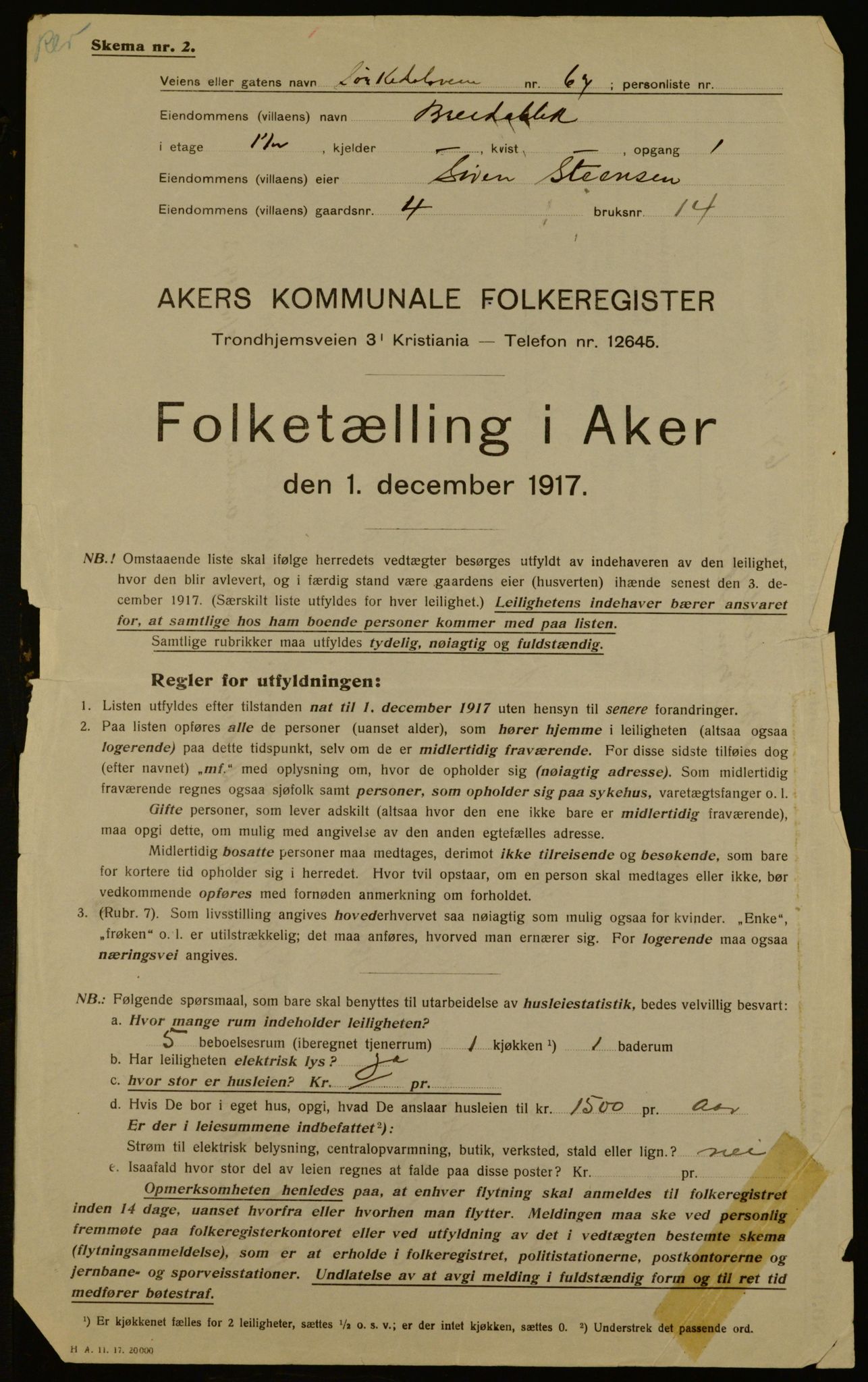 OBA, Kommunal folketelling 1.12.1917 for Aker, 1917, s. 5