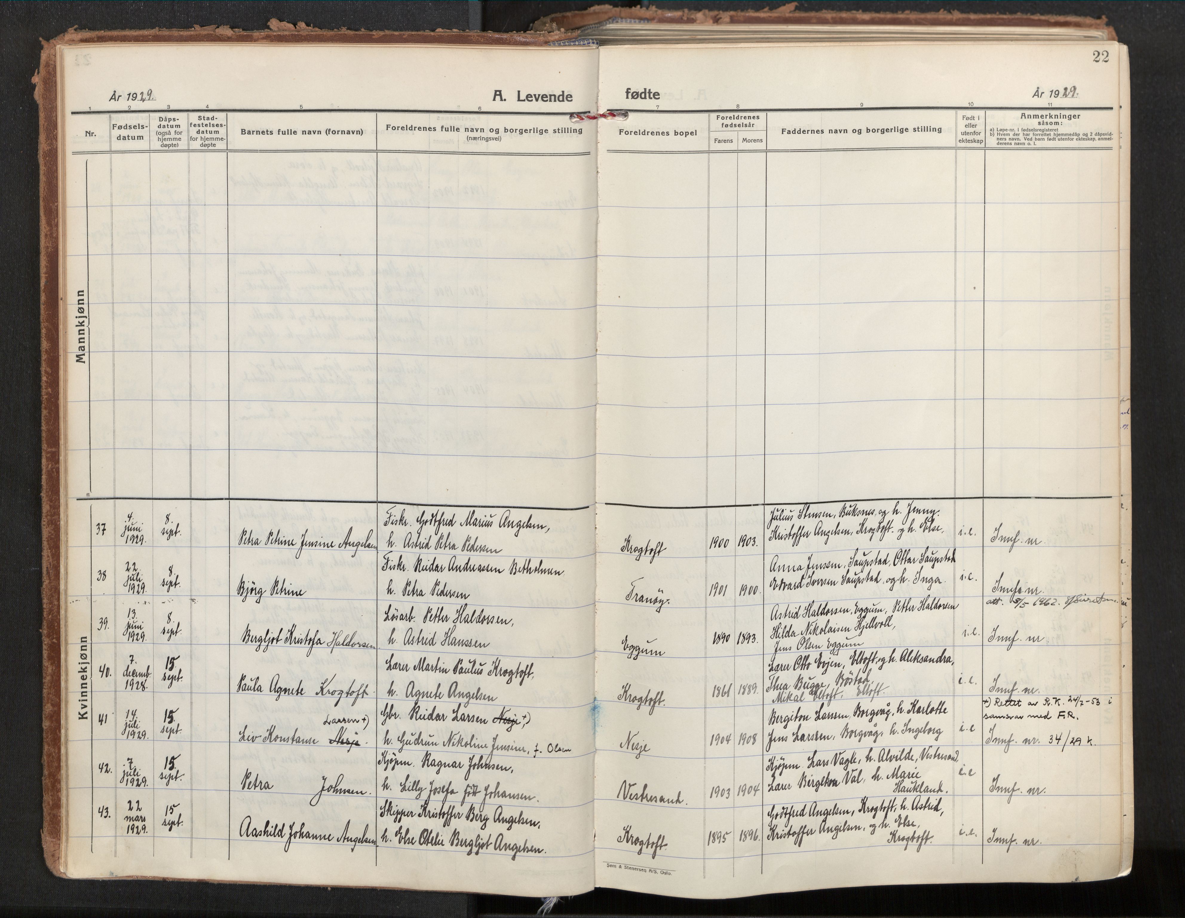 Ministerialprotokoller, klokkerbøker og fødselsregistre - Nordland, AV/SAT-A-1459/880/L1137: Ministerialbok nr. 880A11, 1927-1944, s. 22