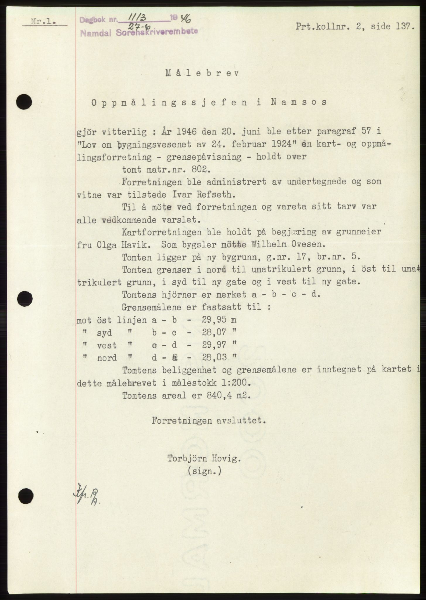Namdal sorenskriveri, SAT/A-4133/1/2/2C: Pantebok nr. -, 1946-1946, Dagboknr: 1113/1946