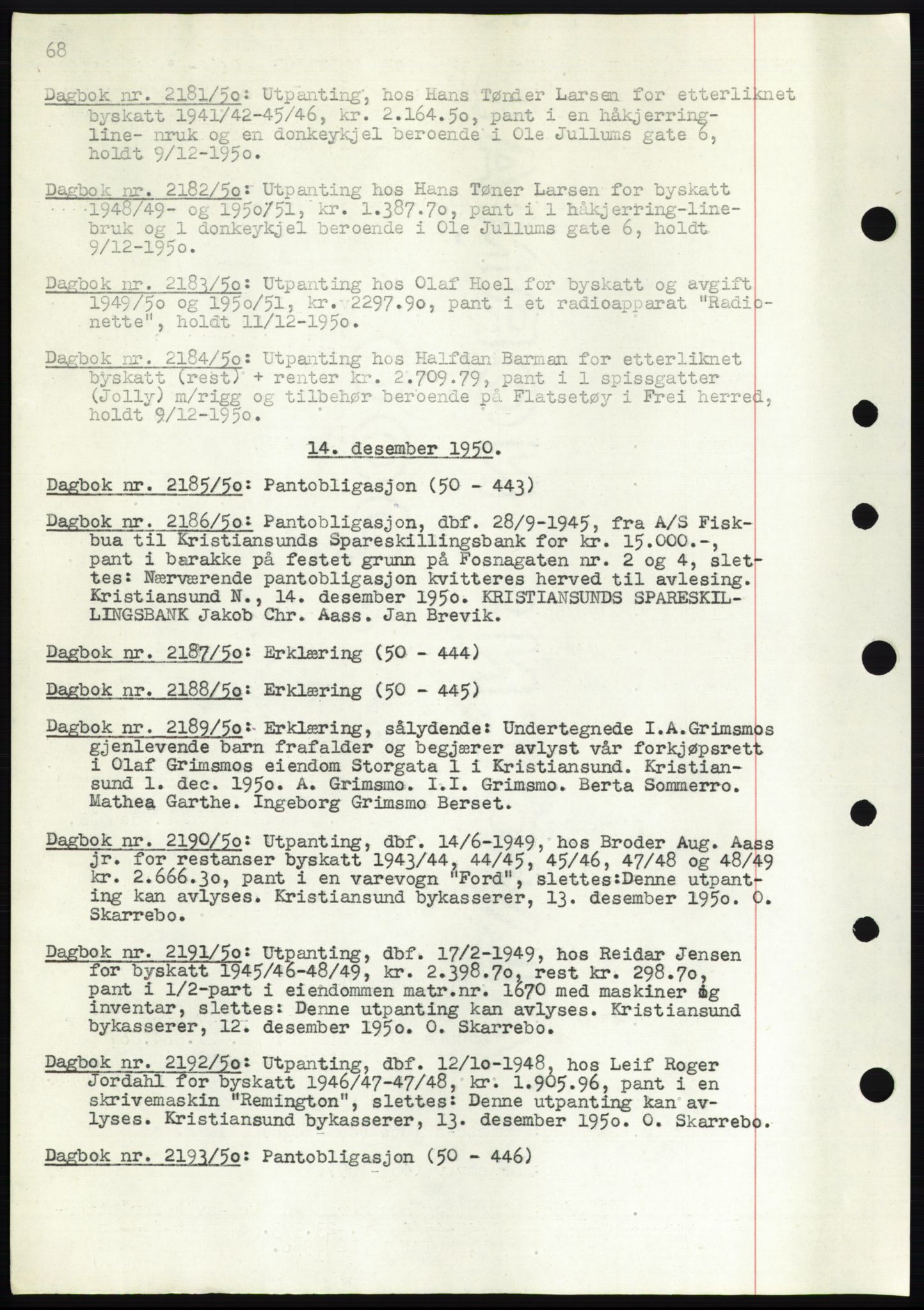 Kristiansund byfogd, AV/SAT-A-4587/A/27: Pantebok nr. 49, 1950-1950, Tingl.dato: 14.12.1950