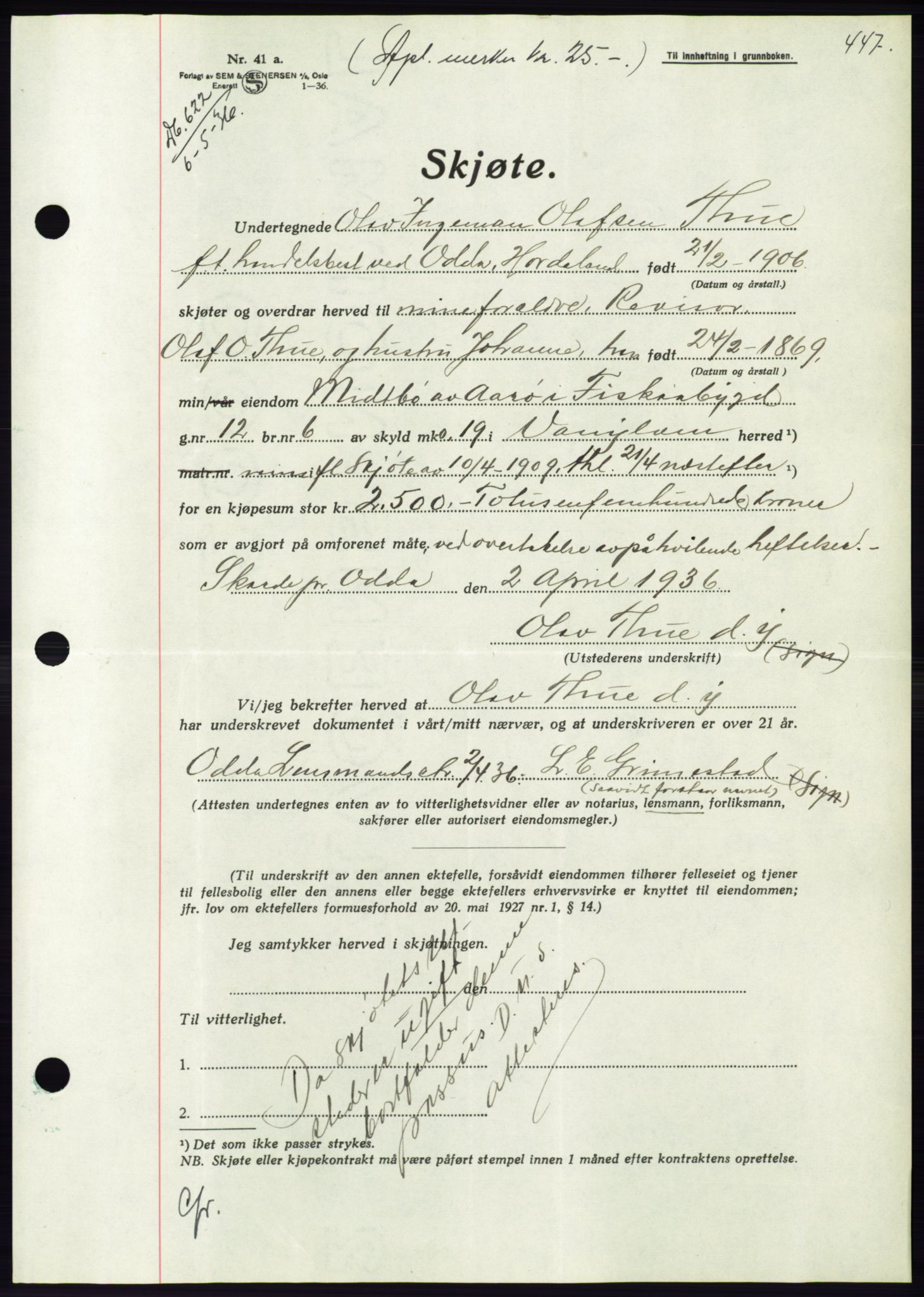 Søre Sunnmøre sorenskriveri, AV/SAT-A-4122/1/2/2C/L0060: Pantebok nr. 54, 1935-1936, Tingl.dato: 06.05.1936