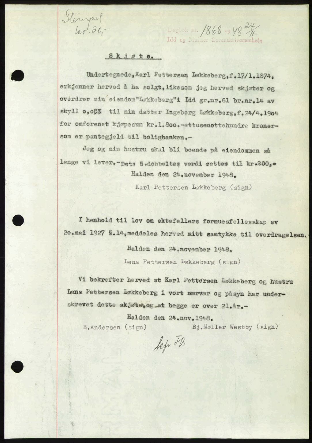 Idd og Marker sorenskriveri, SAO/A-10283/G/Gb/Gbb/L0011: Pantebok nr. A11, 1948-1949, Dagboknr: 1868/1948