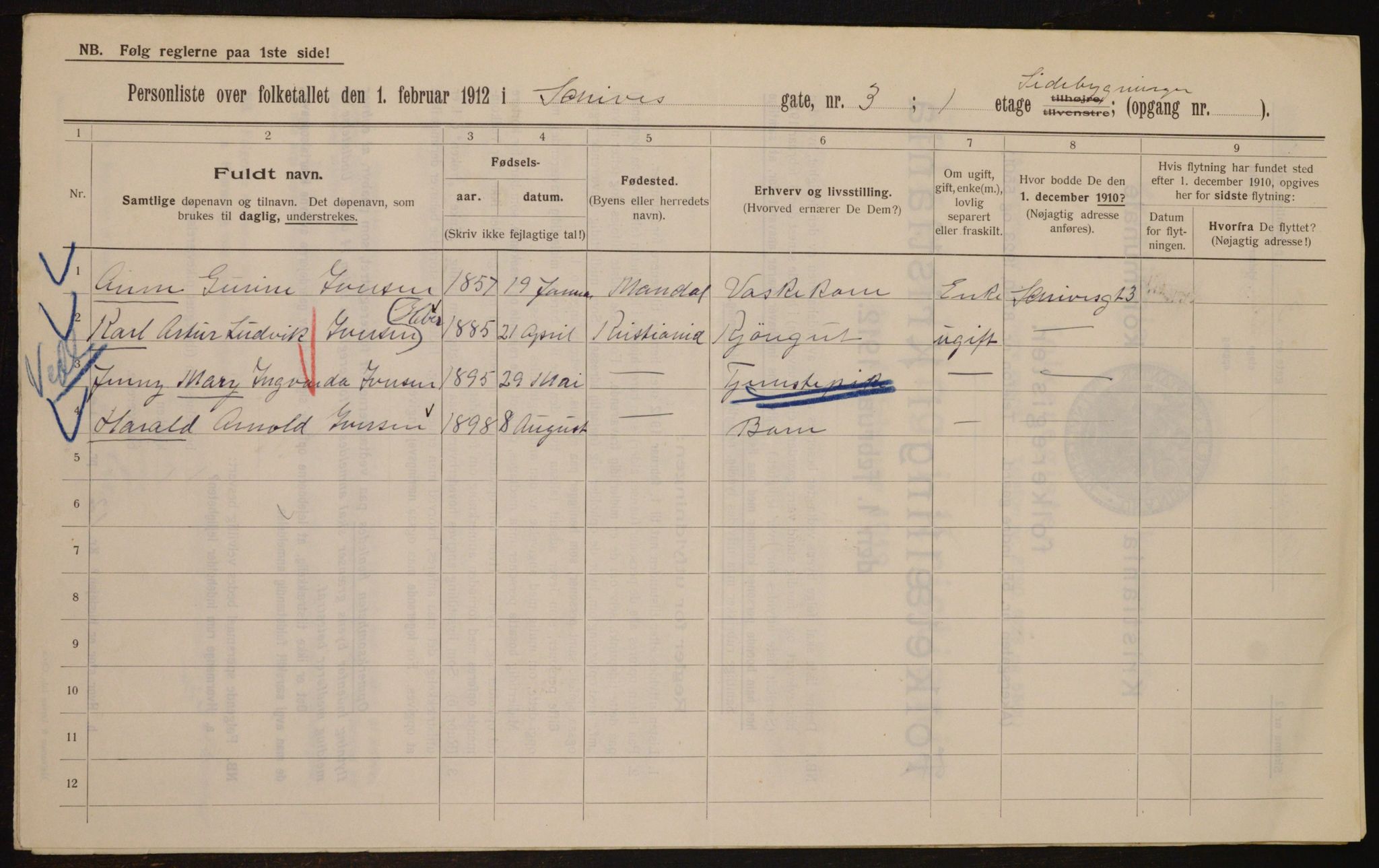 OBA, Kommunal folketelling 1.2.1912 for Kristiania, 1912, s. 89803