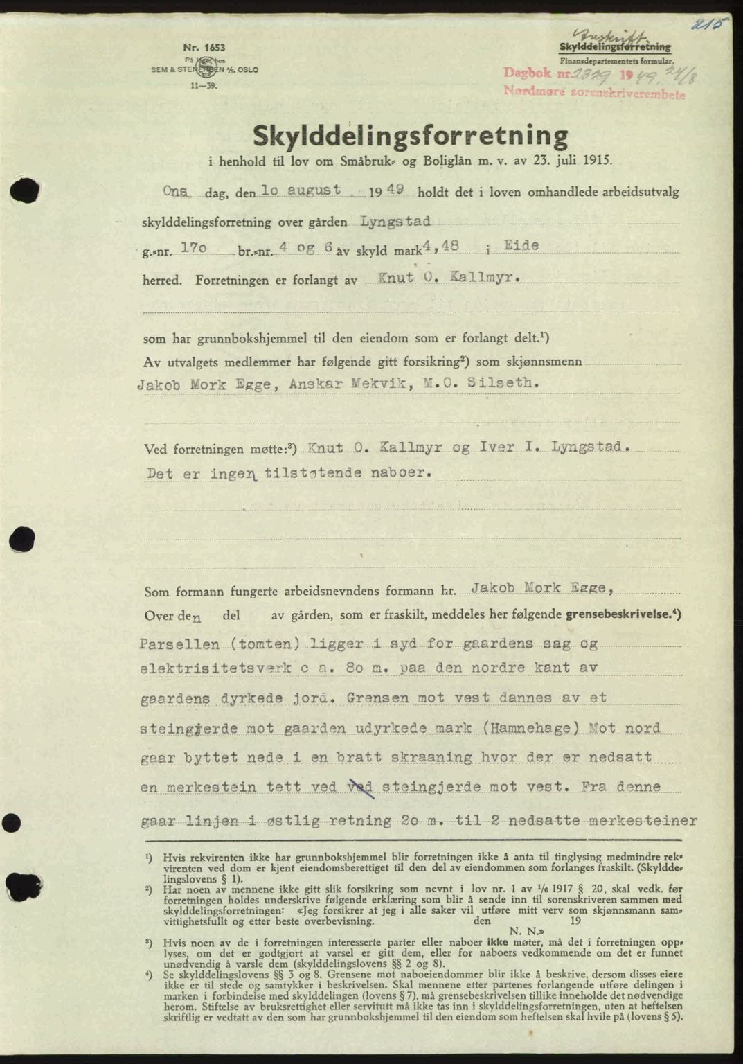 Nordmøre sorenskriveri, SAT/A-4132/1/2/2Ca: Pantebok nr. A112, 1949-1949, Dagboknr: 2329/1949