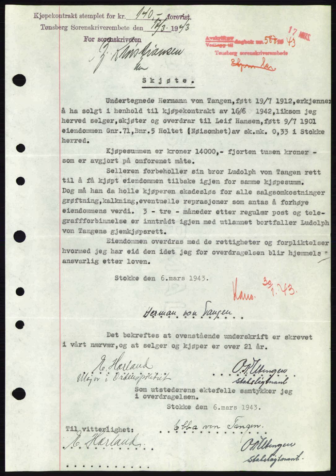 Jarlsberg sorenskriveri, SAKO/A-131/G/Ga/Gaa/L0013: Pantebok nr. A-13, 1942-1943, Dagboknr: 587/1943