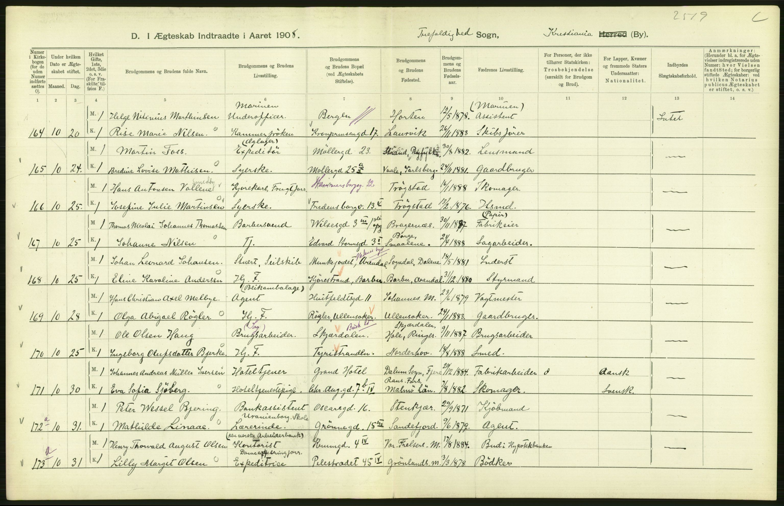 Statistisk sentralbyrå, Sosiodemografiske emner, Befolkning, AV/RA-S-2228/D/Df/Dfa/Dfaf/L0007: Kristiania: Gifte, 1908, s. 440