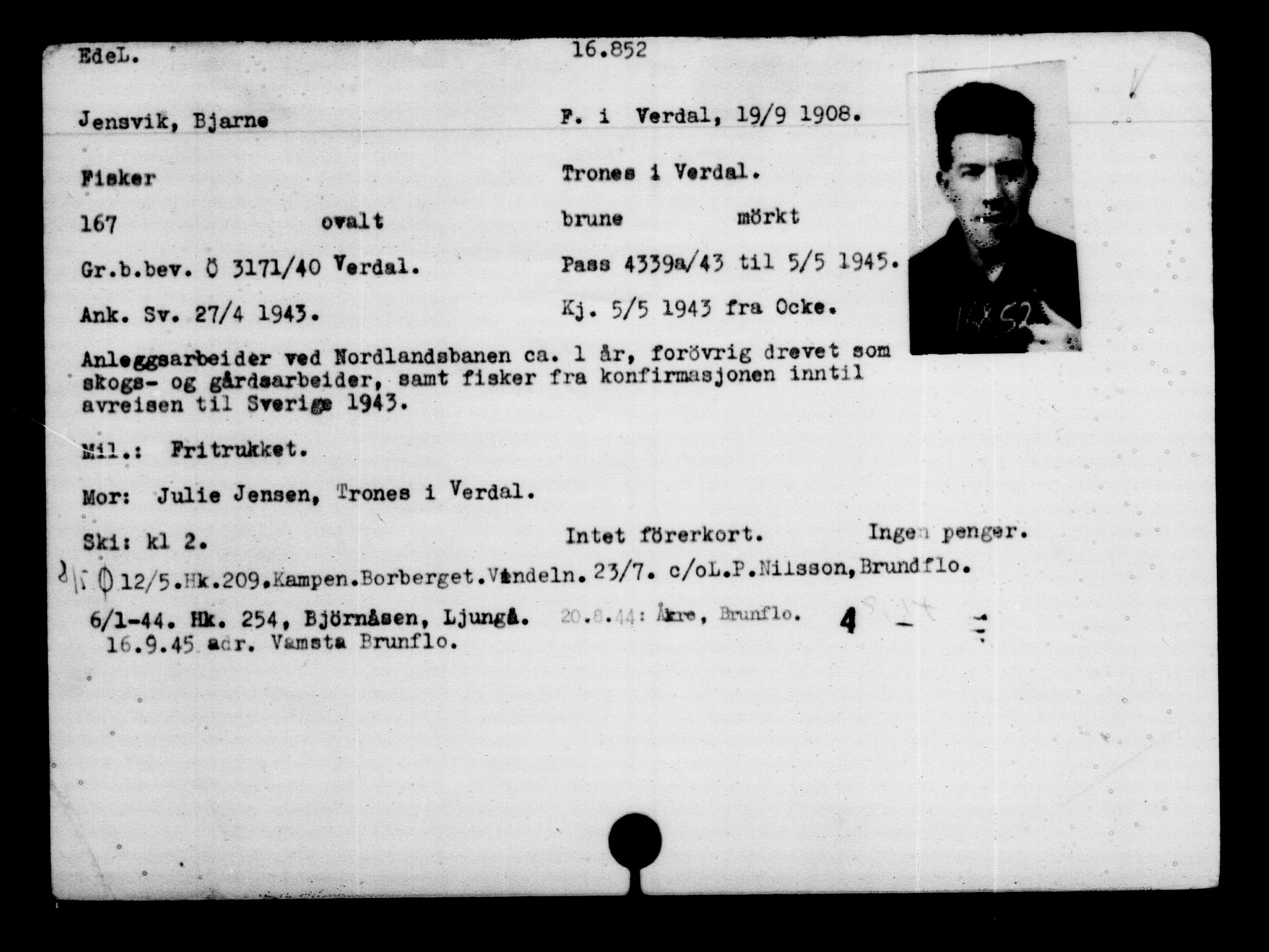 Utenriksstasjonene, Legasjonen i Stockholm, Flyktningkontoret, AV/RA-S-6753/V/Va/L0008: Kjesäterkartoteket, flyktninger med registreringsnr. 15700-18547, 1940-1945, s. 1258