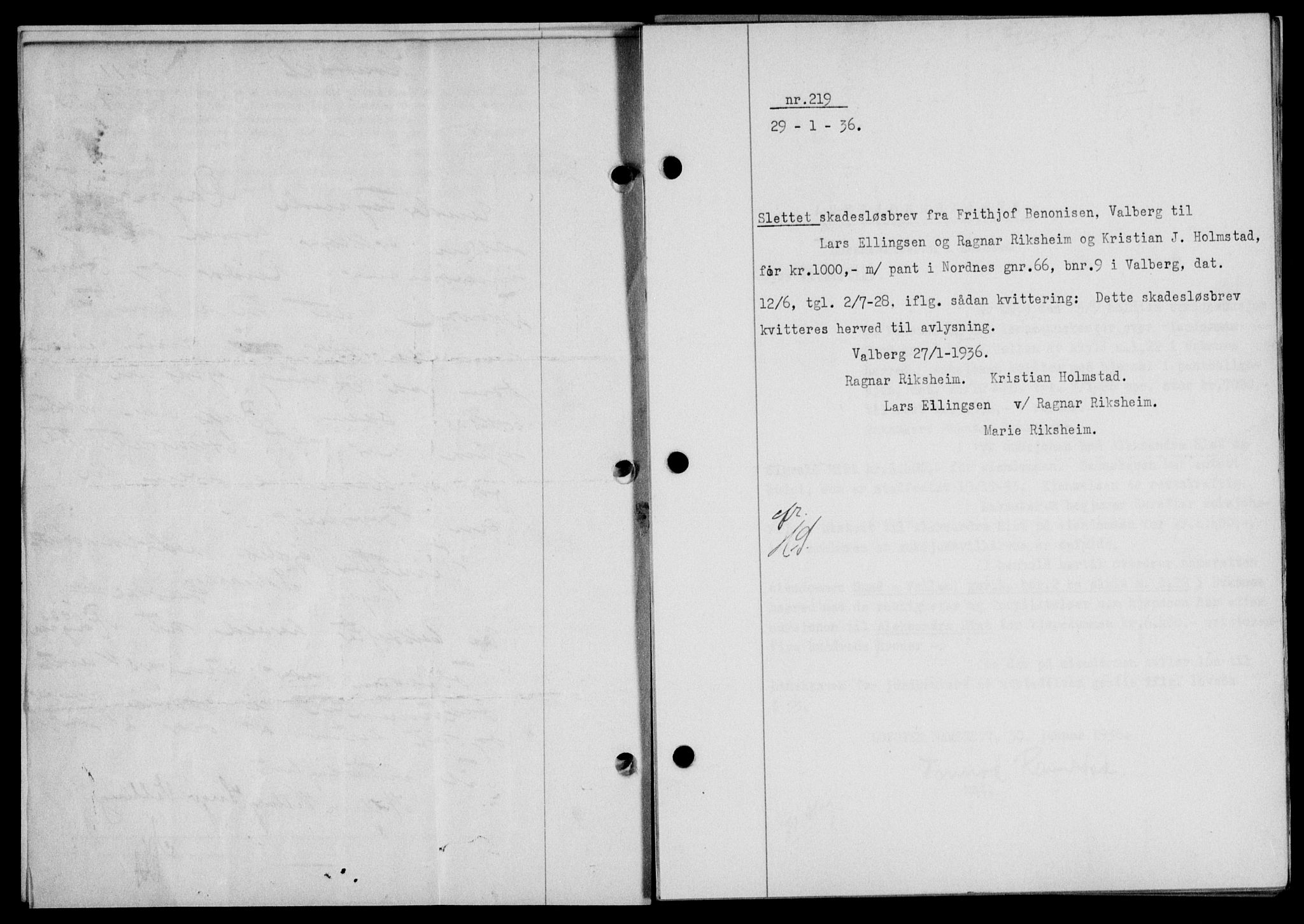 Lofoten sorenskriveri, SAT/A-0017/1/2/2C/L0033b: Pantebok nr. 33b, 1936-1936, Dagboknr: 219/1936