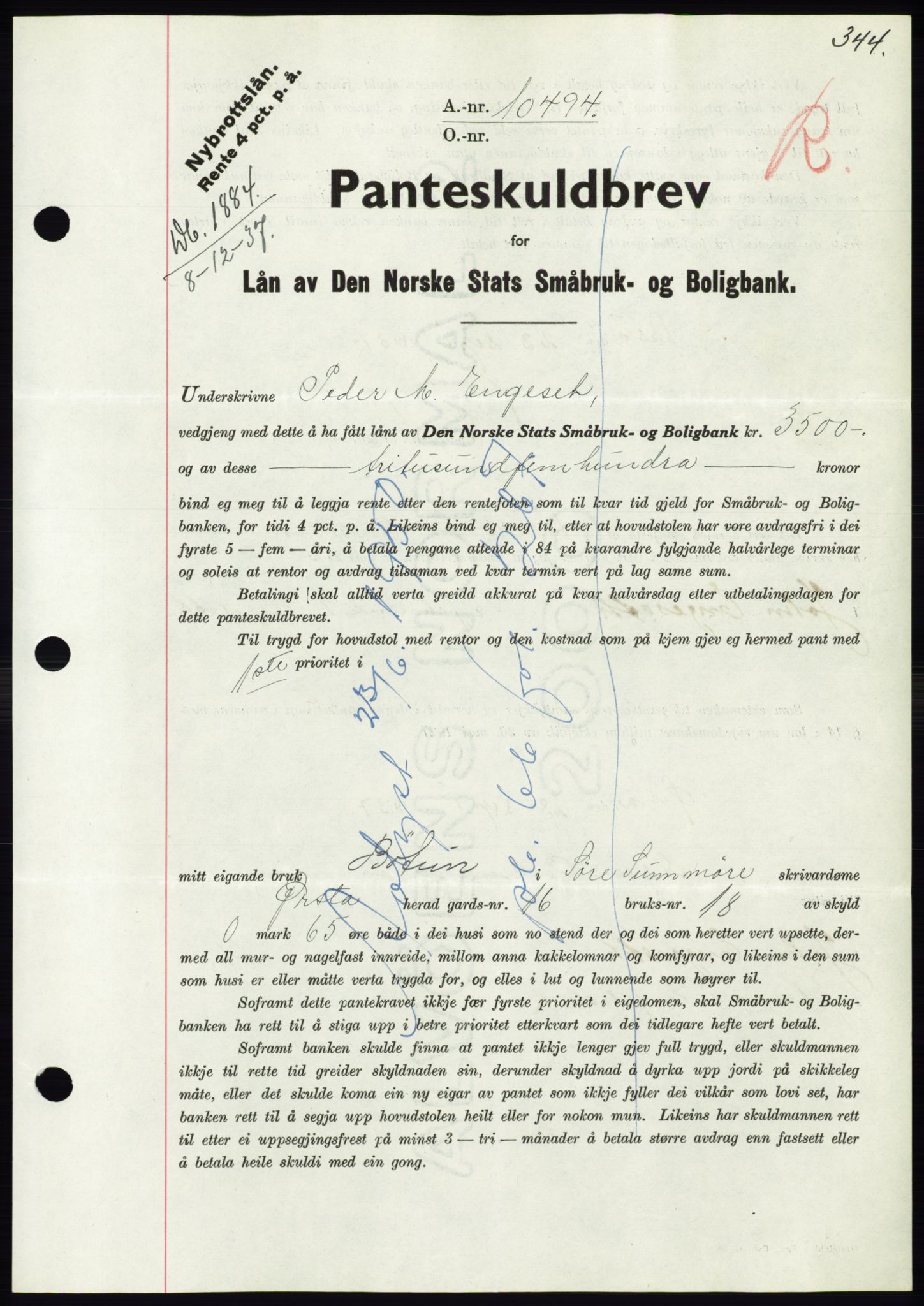 Søre Sunnmøre sorenskriveri, AV/SAT-A-4122/1/2/2C/L0064: Pantebok nr. 58, 1937-1938, Dagboknr: 1884/1937