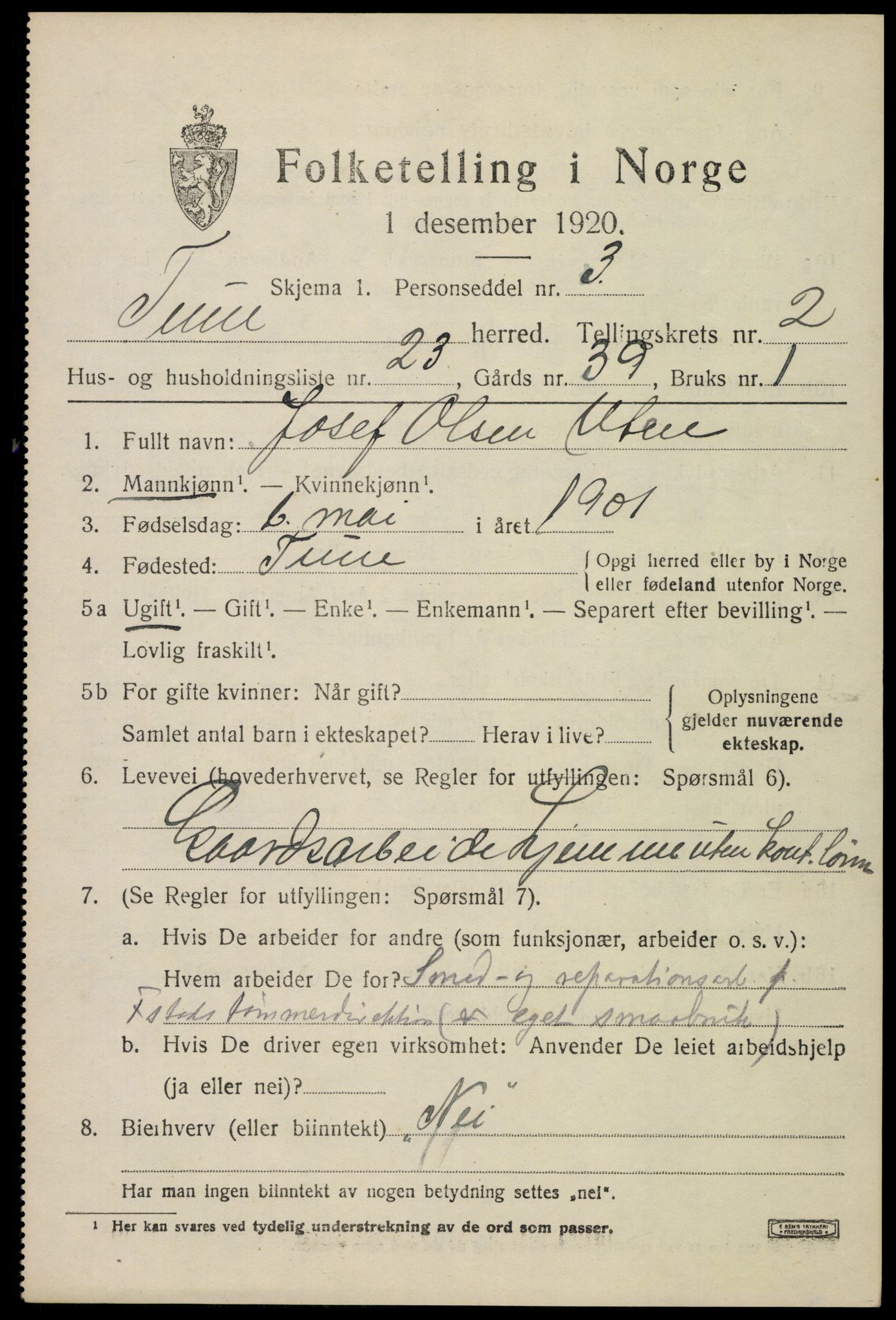 SAO, Folketelling 1920 for 0130 Tune herred, 1920, s. 3084
