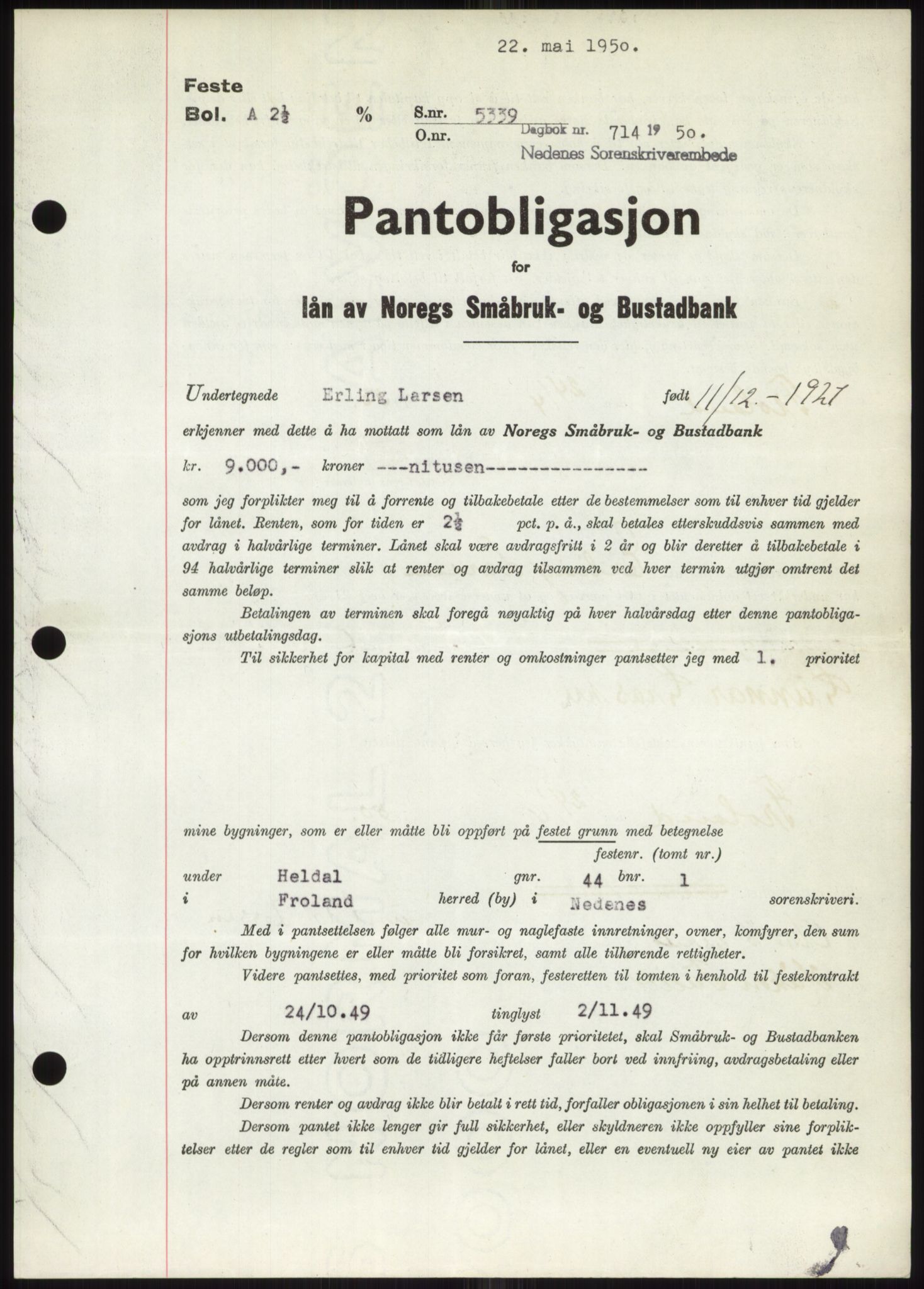 Nedenes sorenskriveri, SAK/1221-0006/G/Gb/Gbb/L0007: Pantebok nr. B7, 1949-1950, Dagboknr: 714/1950