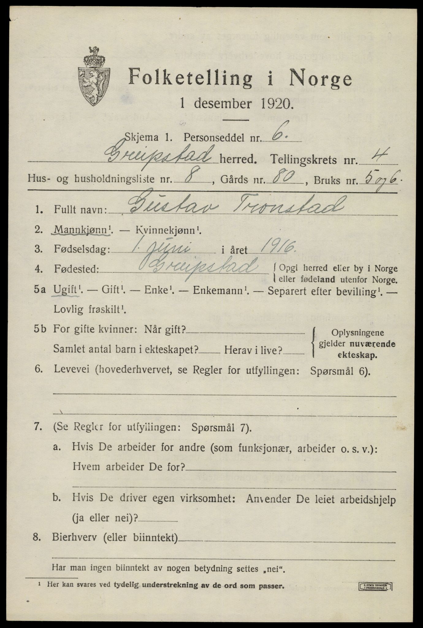 SAK, Folketelling 1920 for 1017 Greipstad herred, 1920, s. 1588