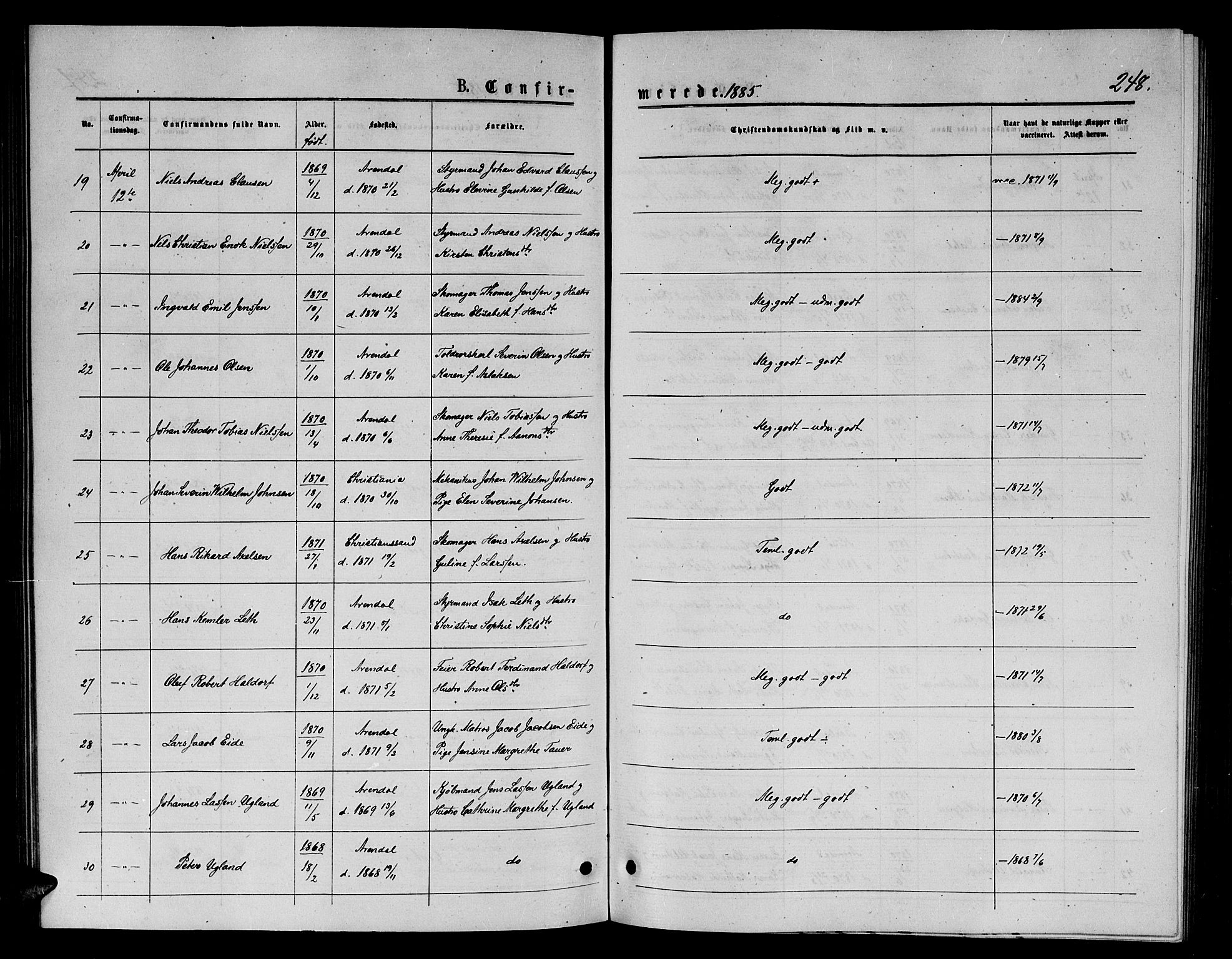 Arendal sokneprestkontor, Trefoldighet, AV/SAK-1111-0040/F/Fb/L0005: Klokkerbok nr. B 5, 1874-1888, s. 248