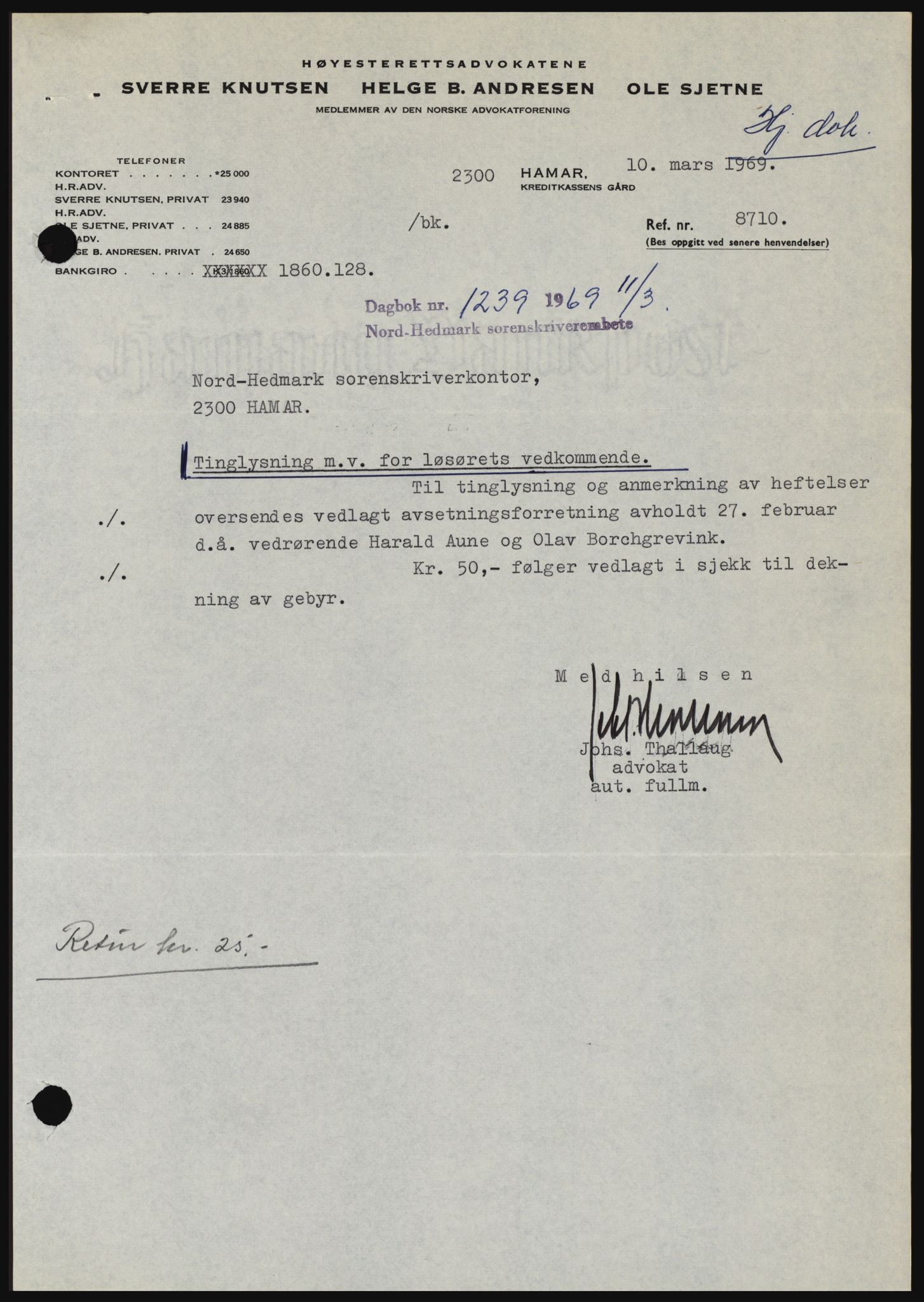 Nord-Hedmark sorenskriveri, SAH/TING-012/H/Hc/L0030: Pantebok nr. 30, 1969-1969, Dagboknr: 1239/1969
