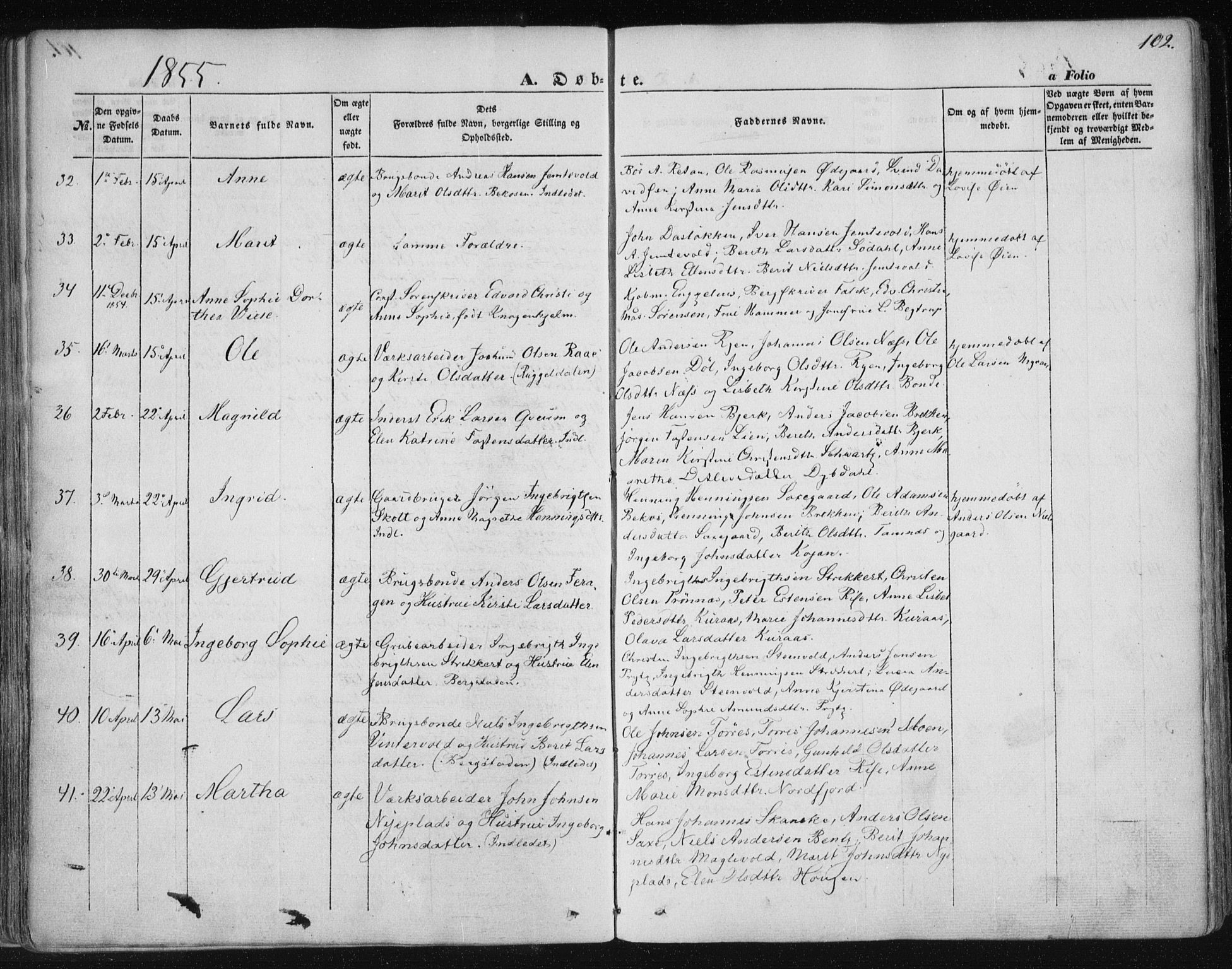 Ministerialprotokoller, klokkerbøker og fødselsregistre - Sør-Trøndelag, SAT/A-1456/681/L0931: Ministerialbok nr. 681A09, 1845-1859, s. 102
