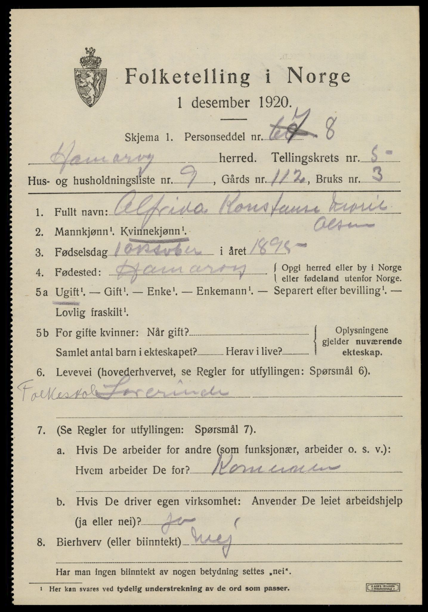 SAT, Folketelling 1920 for 1849 Hamarøy herred, 1920, s. 2776