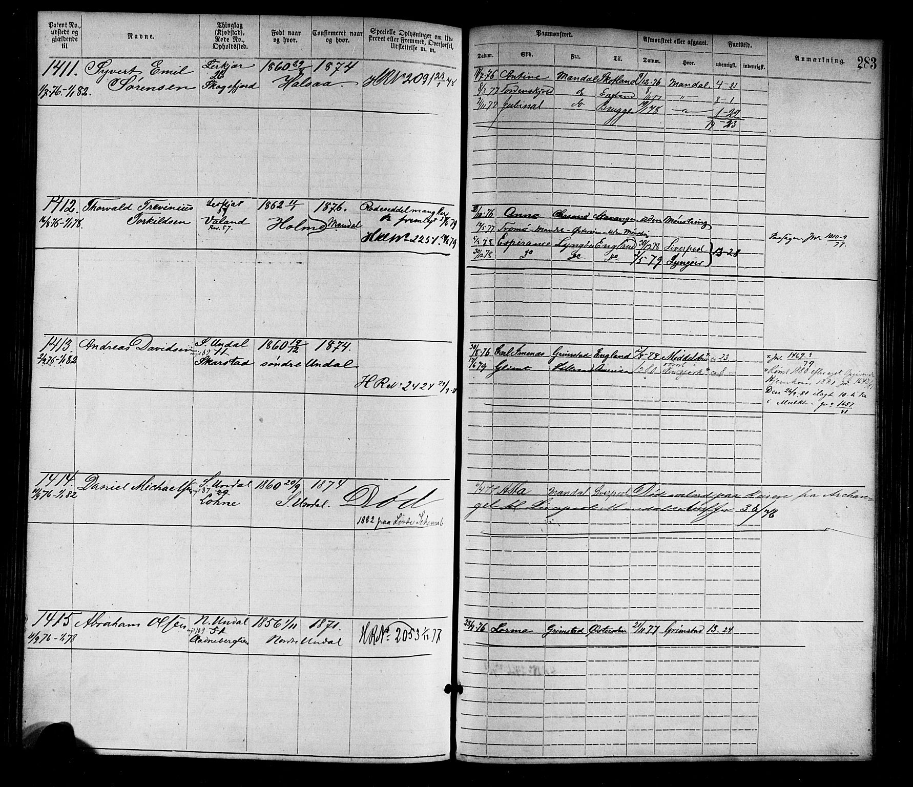Mandal mønstringskrets, SAK/2031-0016/F/Fa/L0001: Annotasjonsrulle nr 1-1920 med register, L-3, 1869-1881, s. 320