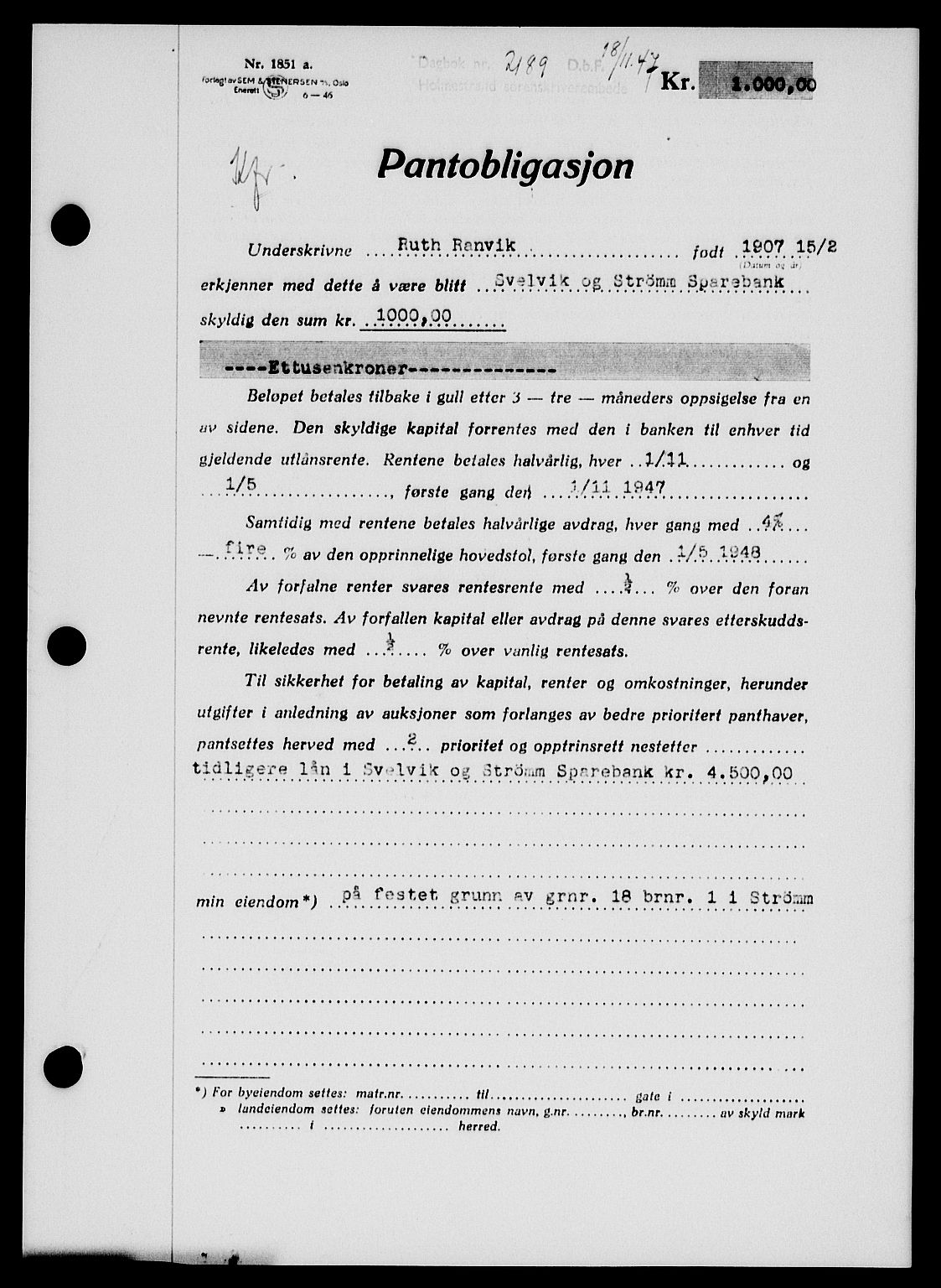 Holmestrand sorenskriveri, SAKO/A-67/G/Ga/Gab/L0058: Pantebok nr. B-58, 1947-1948, Dagboknr: 2189/1947