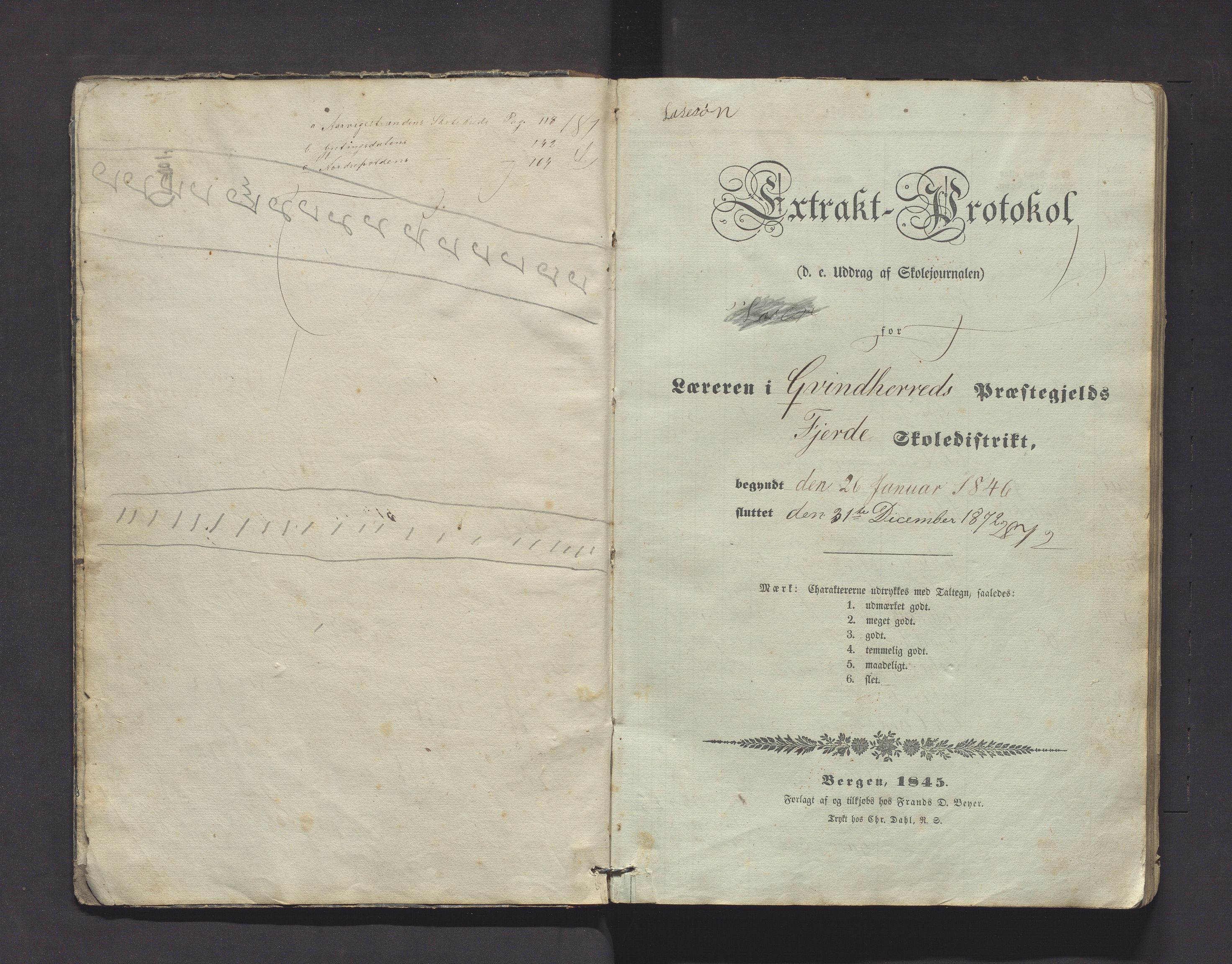 Kvinnherad kommune. Barneskulane, IKAH/1224-231/F/Fd/L0001: Skuleprotokoll for Årvikstranden, Gjetingsdalen og Nordre Pollen krinsar i 4. skuledistrikt , 1846-1872