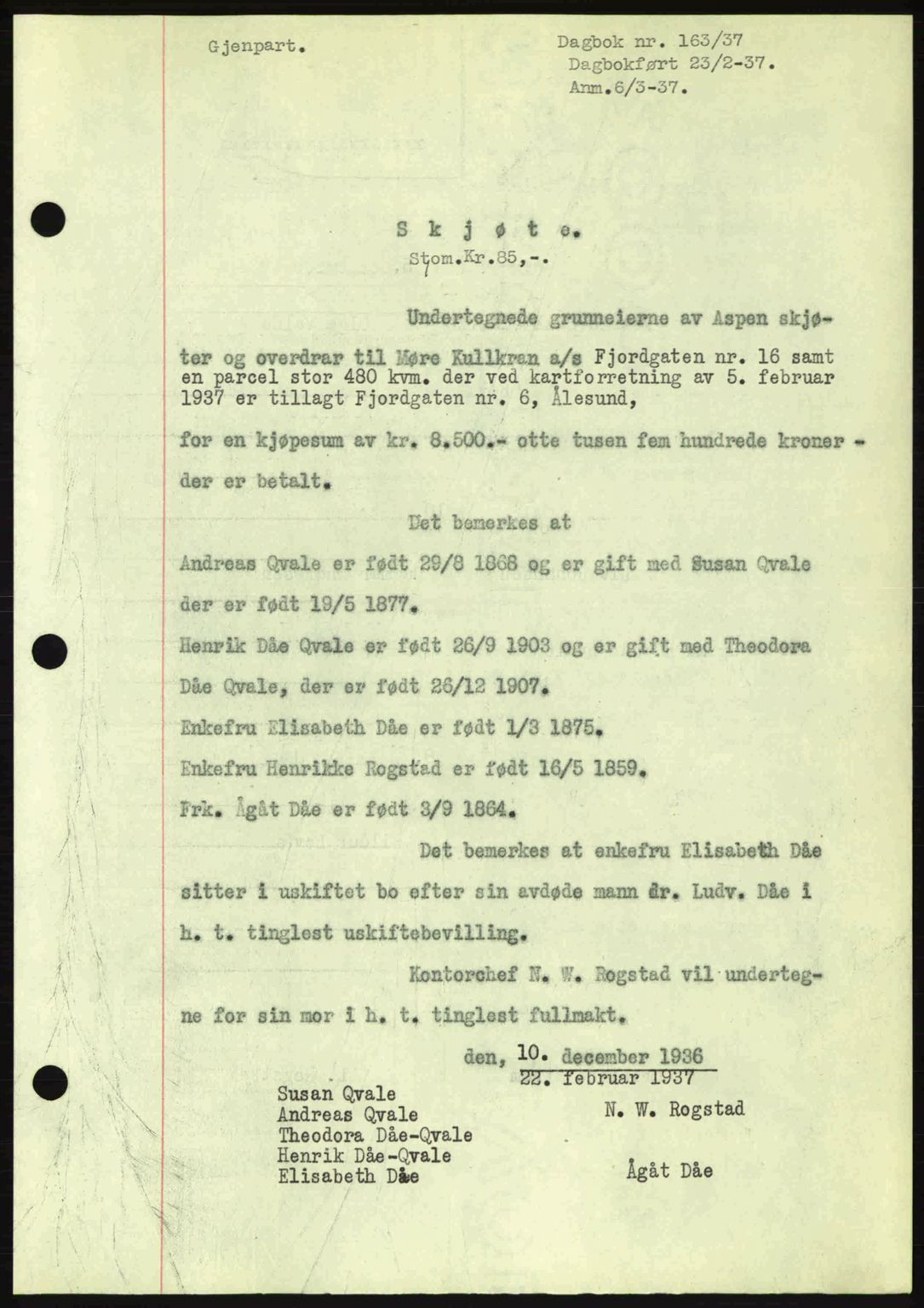Ålesund byfogd, AV/SAT-A-4384: Pantebok nr. 34 I, 1936-1938, Dagboknr: 163/1937