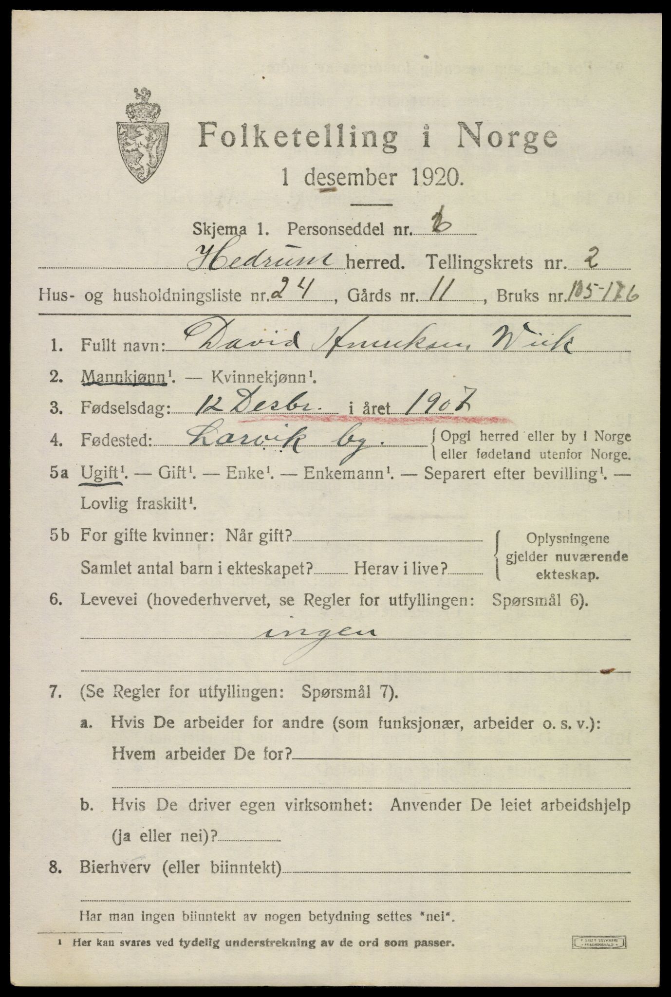 SAKO, Folketelling 1920 for 0727 Hedrum herred, 1920, s. 2705