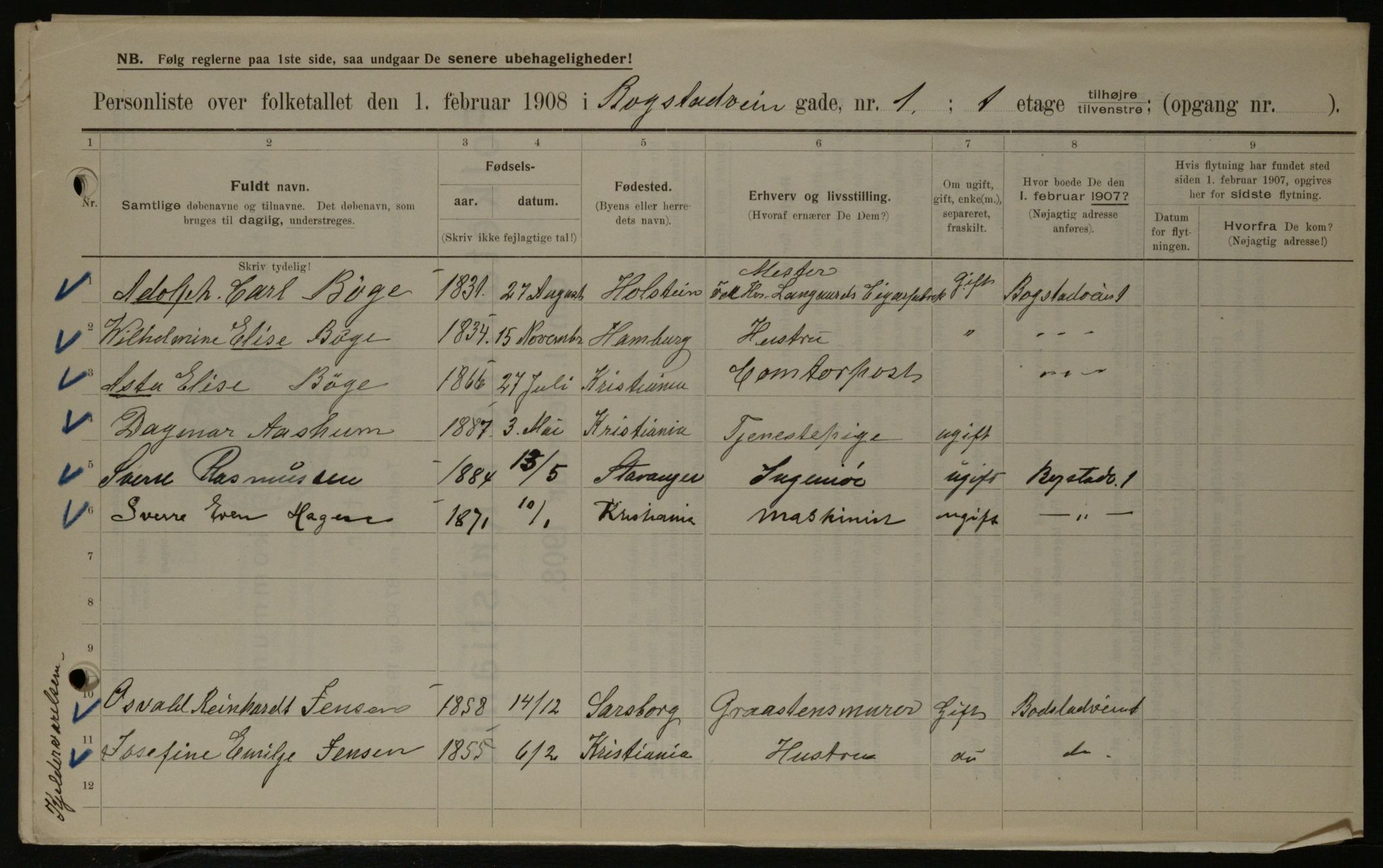 OBA, Kommunal folketelling 1.2.1908 for Kristiania kjøpstad, 1908, s. 6608