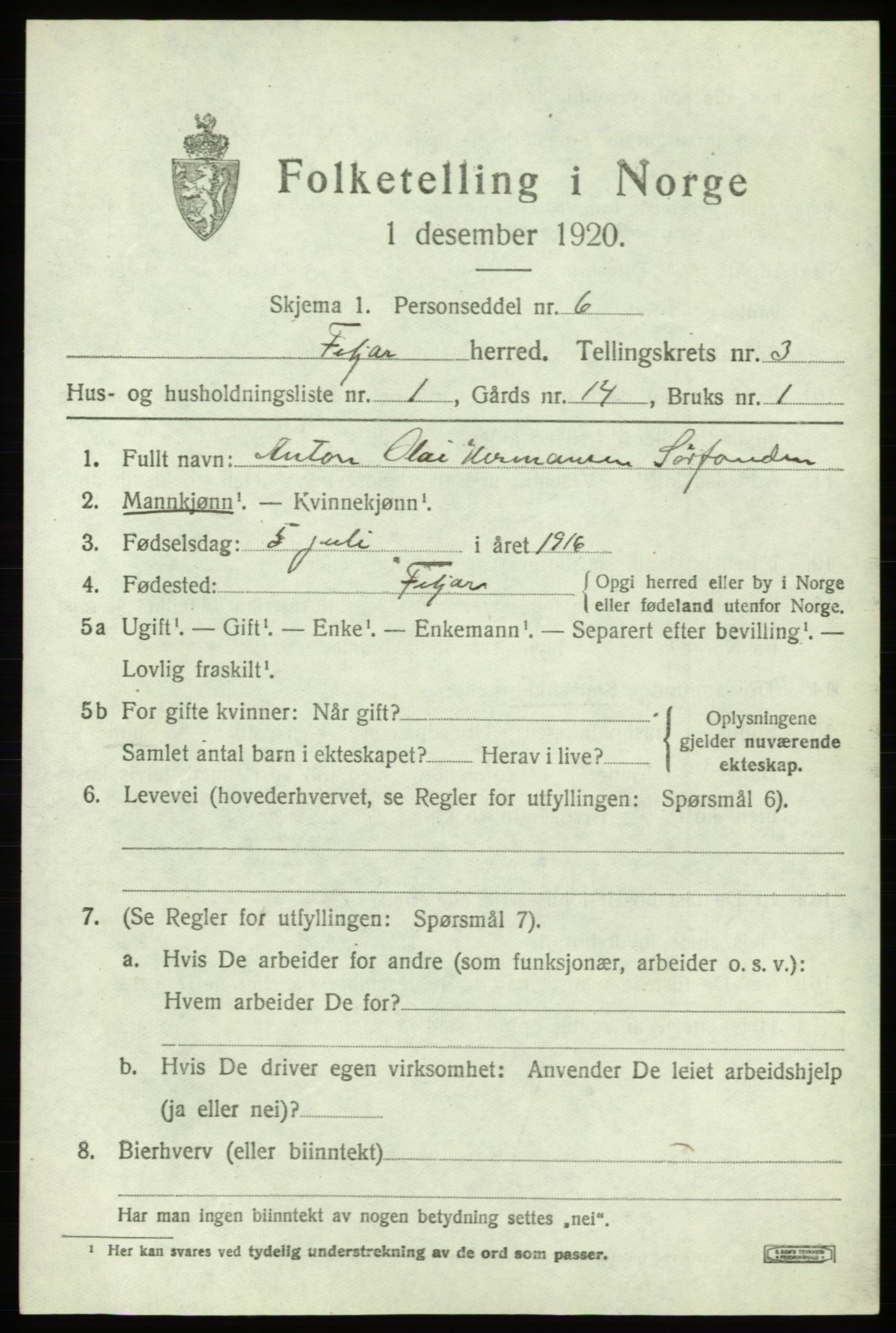 SAB, Folketelling 1920 for 1222 Fitjar herred, 1920, s. 2056