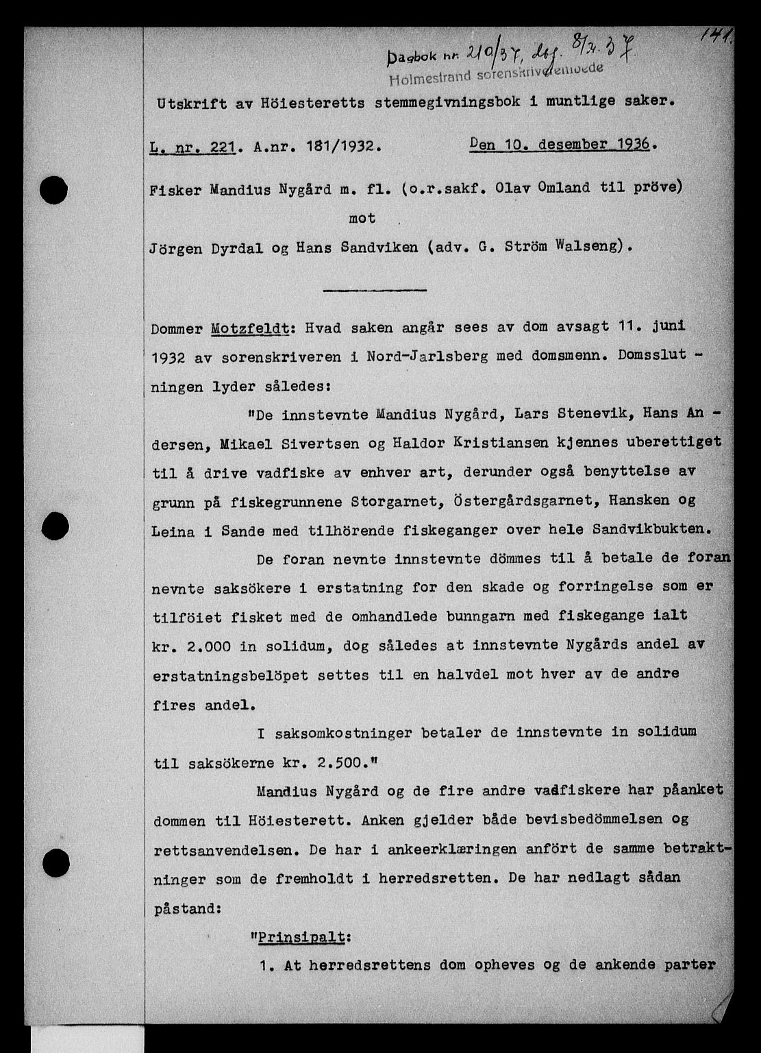 Holmestrand sorenskriveri, SAKO/A-67/G/Ga/Gaa/L0048: Pantebok nr. A-48, 1936-1937, Dagboknr: 210/1937