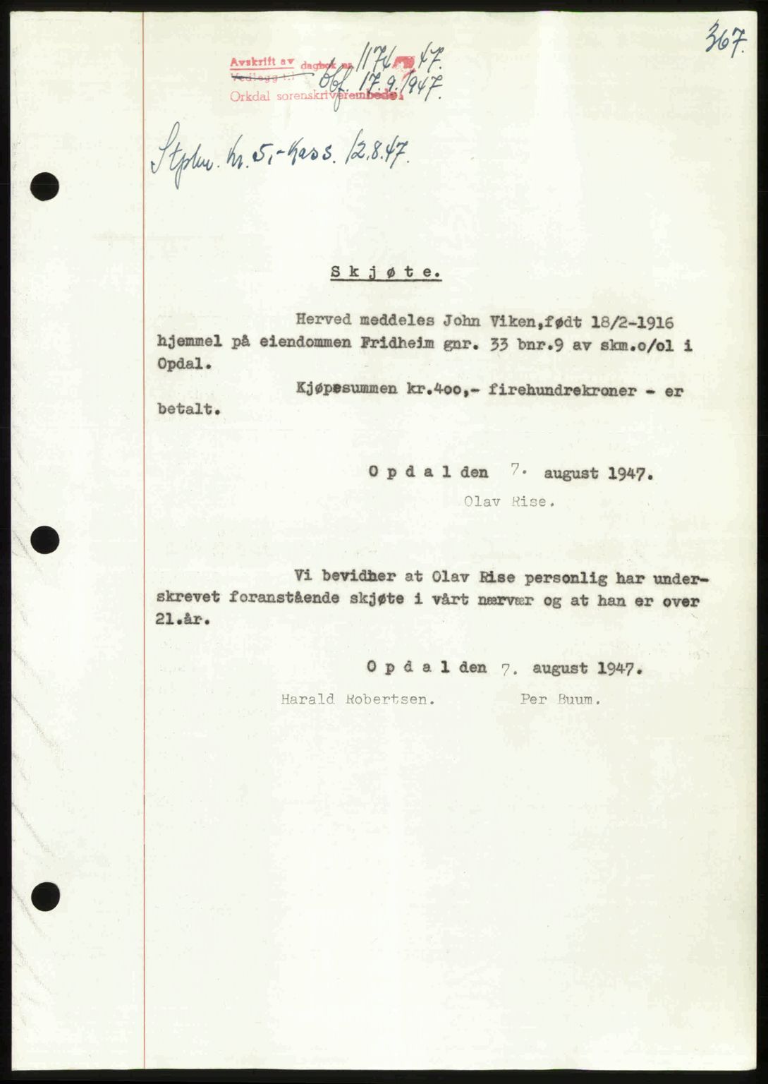 Orkdal sorenskriveri, SAT/A-4169/1/2/2C: Pantebok nr. A, 1947-1947, Dagboknr: 1174/1947