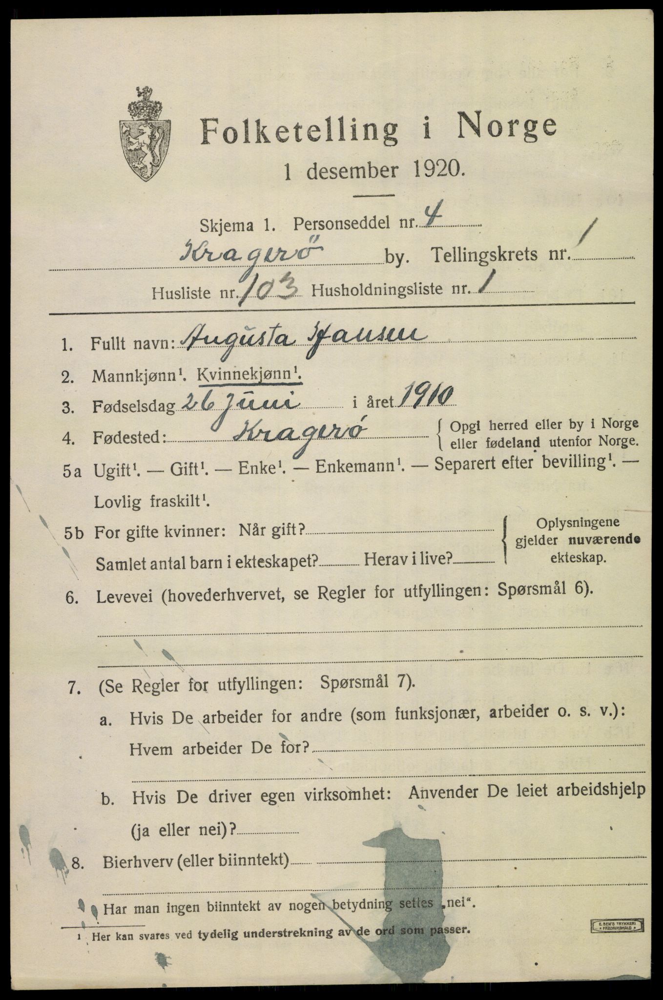 SAKO, Folketelling 1920 for 0801 Kragerø kjøpstad, 1920, s. 5291