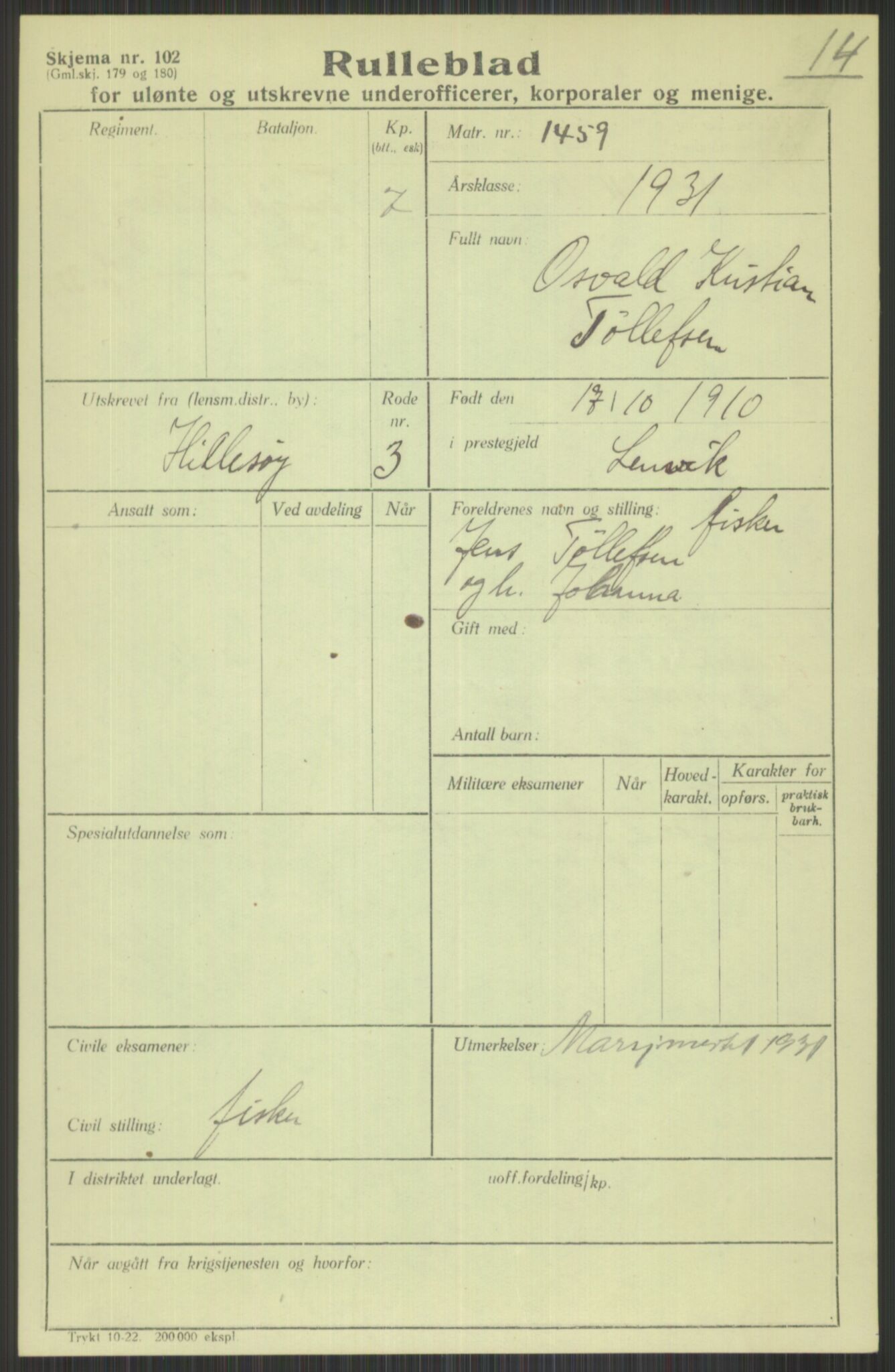 Forsvaret, Troms infanteriregiment nr. 16, AV/RA-RAFA-3146/P/Pa/L0015: Rulleblad for regimentets menige mannskaper, årsklasse 1931, 1931, s. 1161