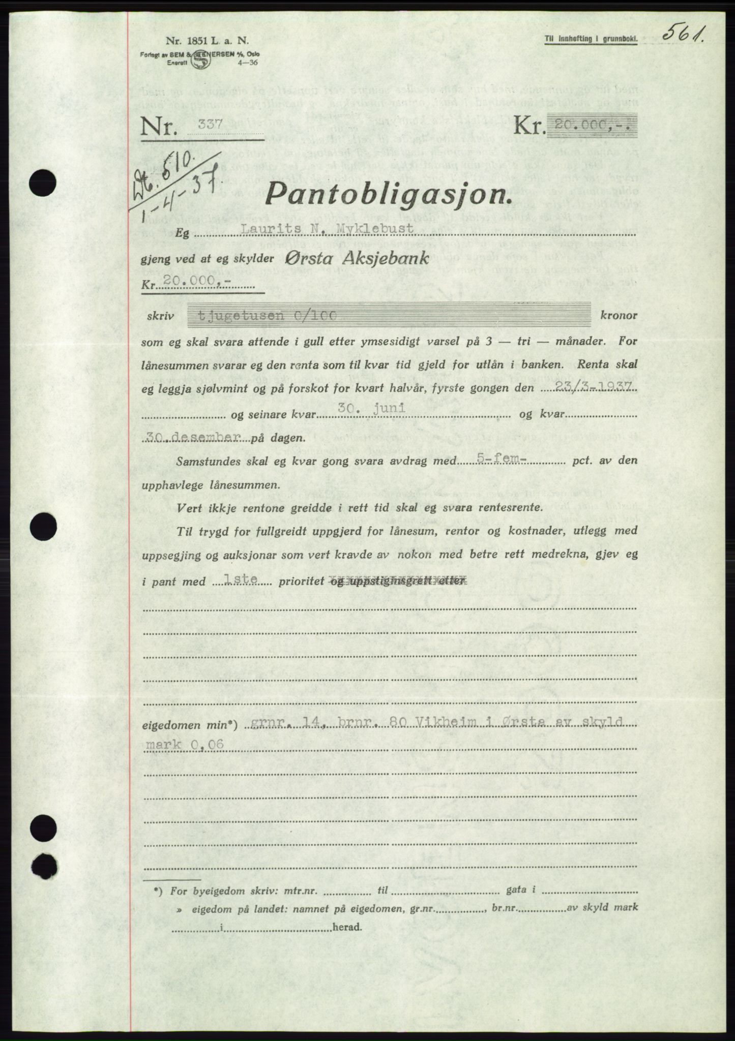 Søre Sunnmøre sorenskriveri, AV/SAT-A-4122/1/2/2C/L0062: Pantebok nr. 56, 1936-1937, Dagboknr: 510/1937