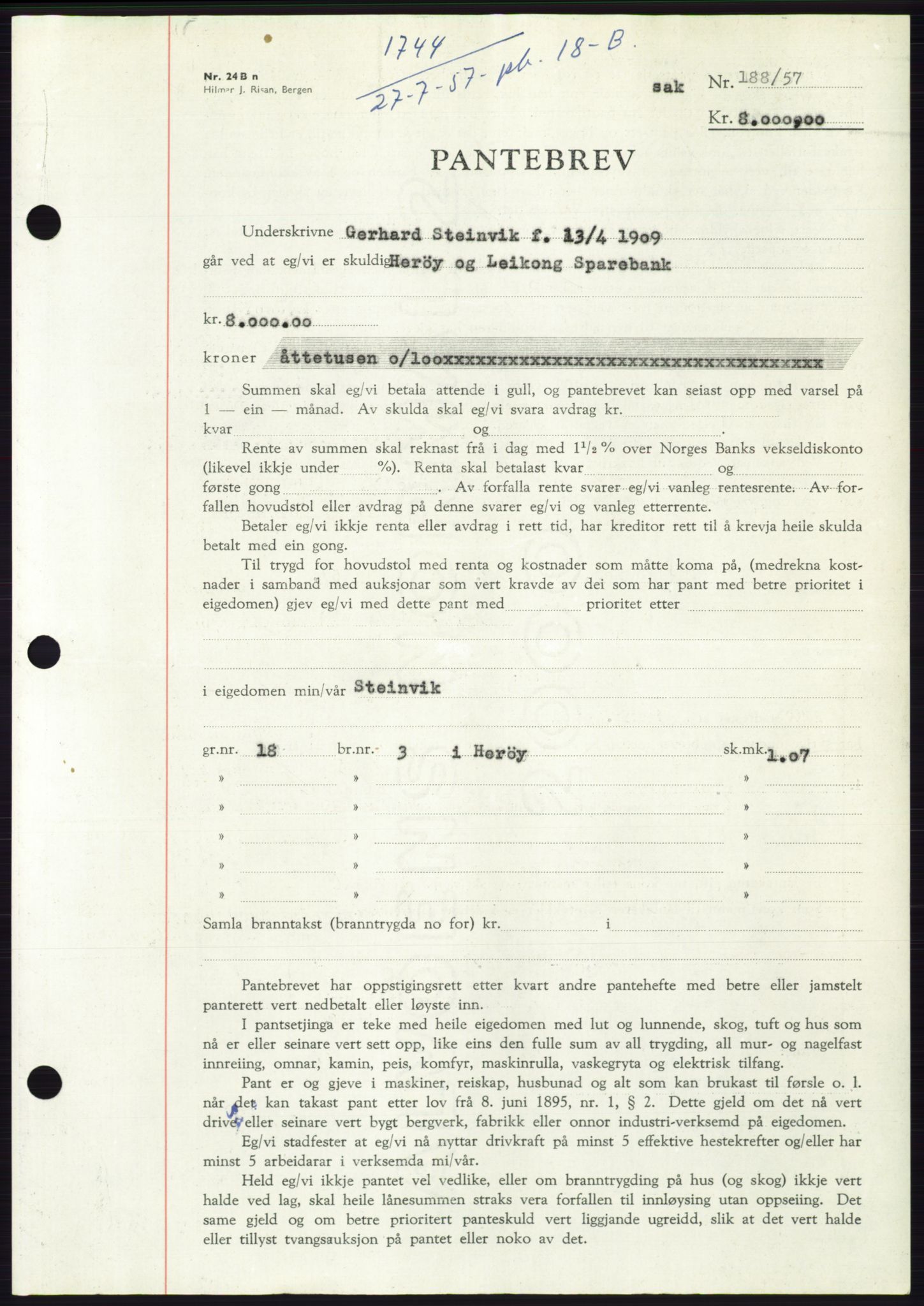 Søre Sunnmøre sorenskriveri, AV/SAT-A-4122/1/2/2C/L0130: Pantebok nr. 18B, 1957-1958, Dagboknr: 1744/1957