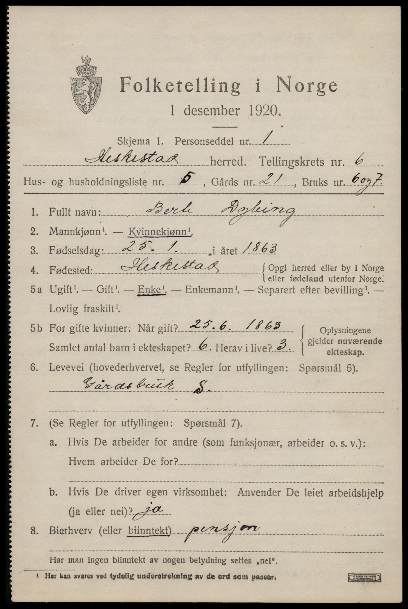 SAST, Folketelling 1920 for 1113 Heskestad herred, 1920, s. 2039