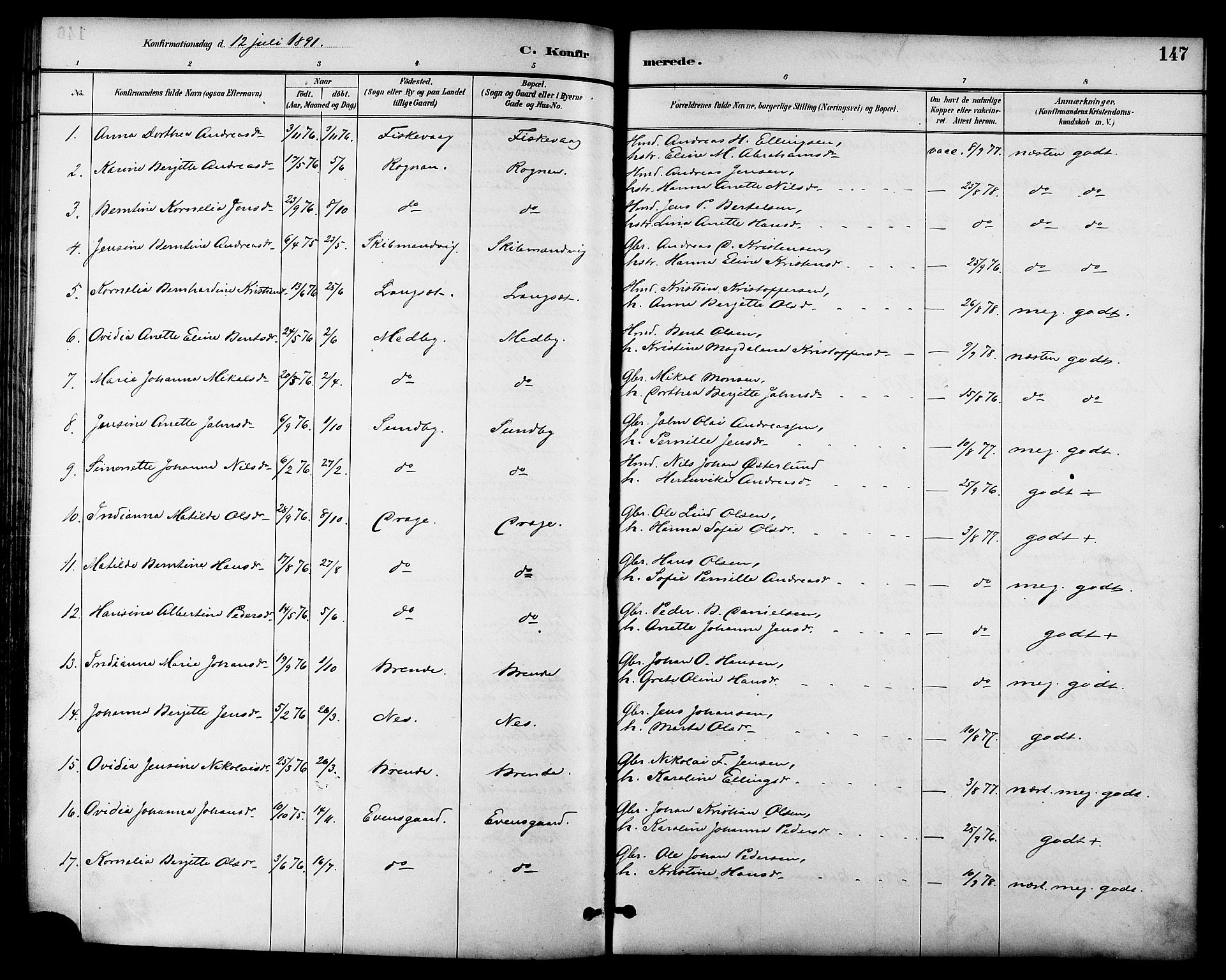 Ministerialprotokoller, klokkerbøker og fødselsregistre - Nordland, AV/SAT-A-1459/847/L0669: Ministerialbok nr. 847A09, 1887-1901, s. 147