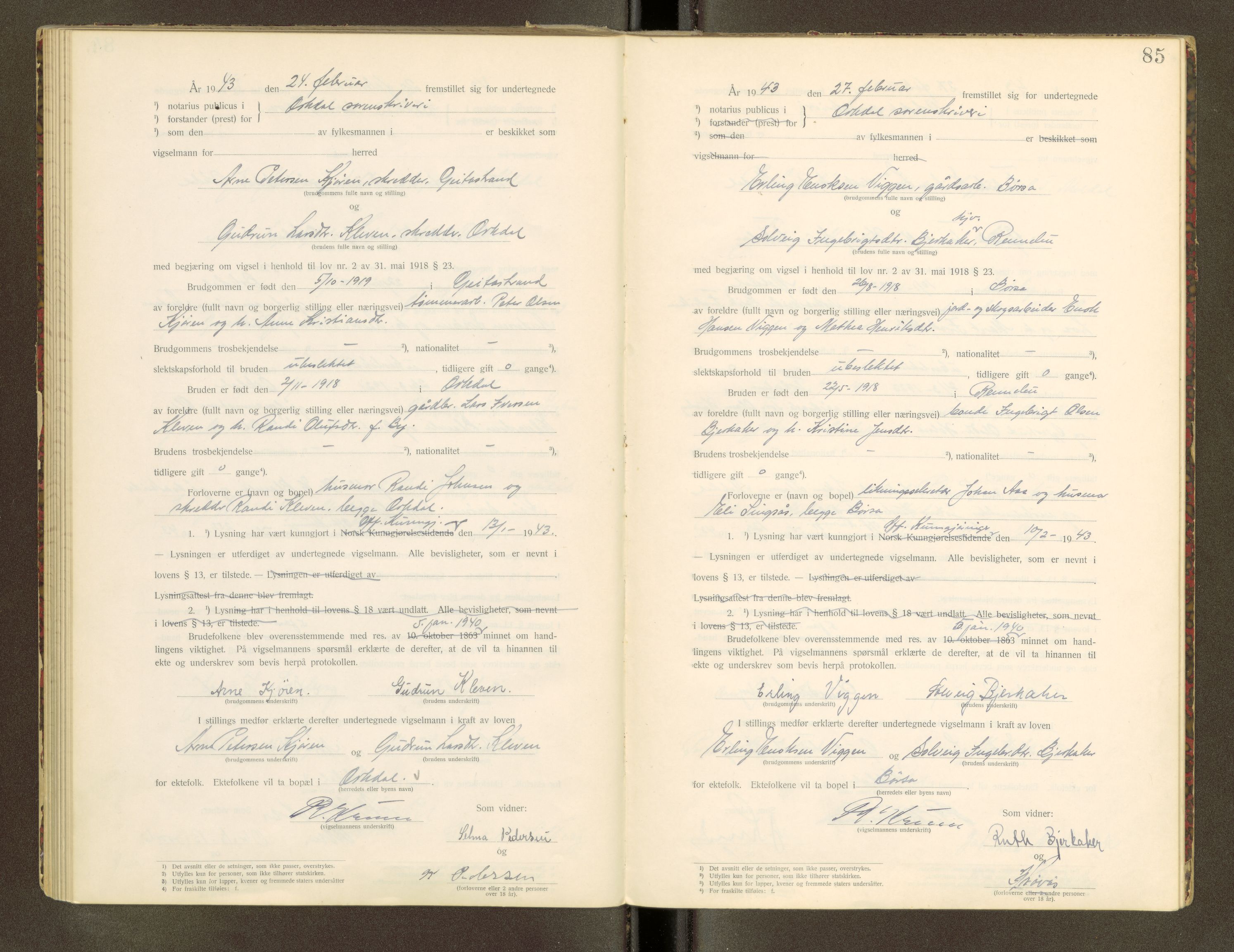 Orkdal sorenskriveri, AV/SAT-A-4169/1/6/6D/L0003: Lysingsbok, 1922-1943, s. 85