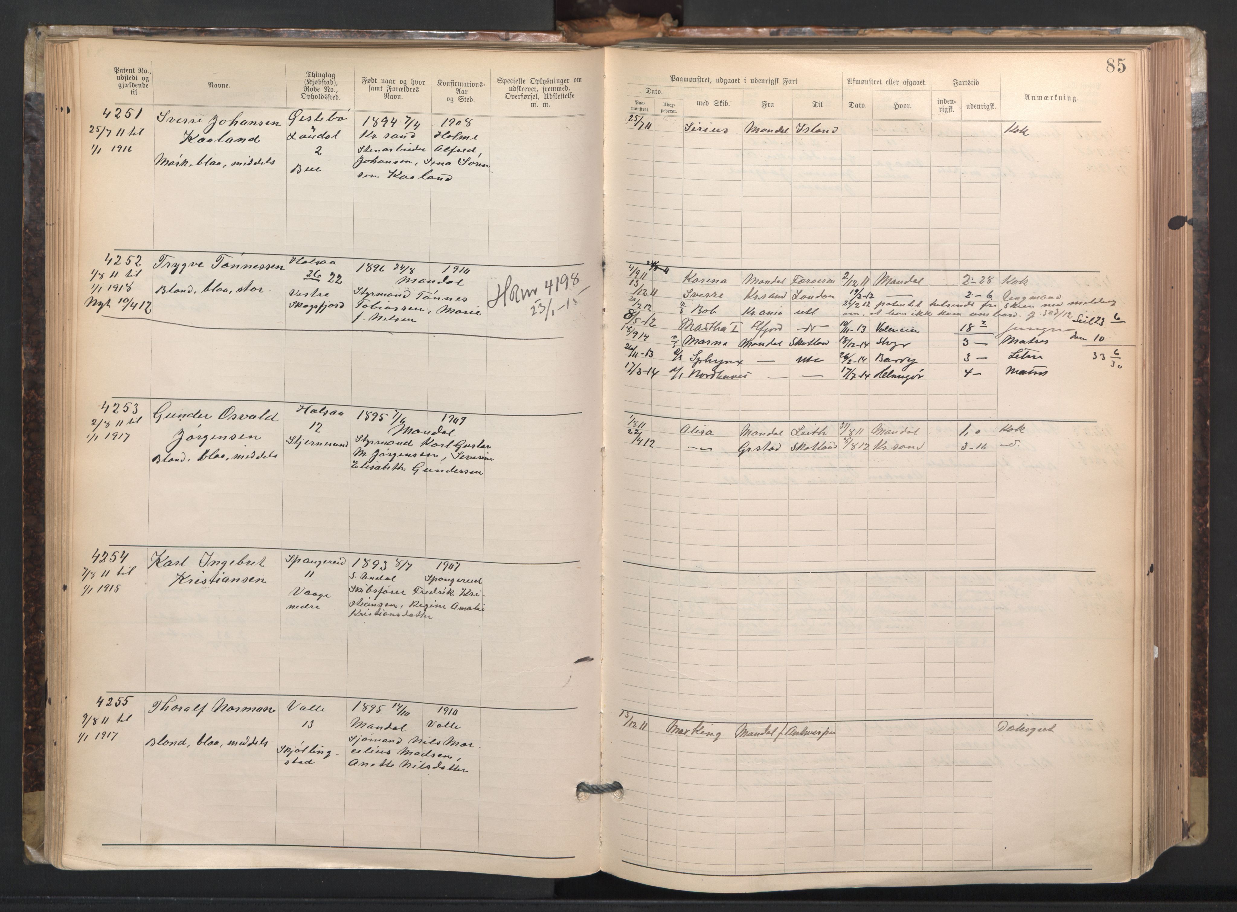 Mandal mønstringskrets, AV/SAK-2031-0016/F/Fa/L0003: Annotasjonsrulle nr 3831-4730 med register, L-5, 1900-1948, s. 109