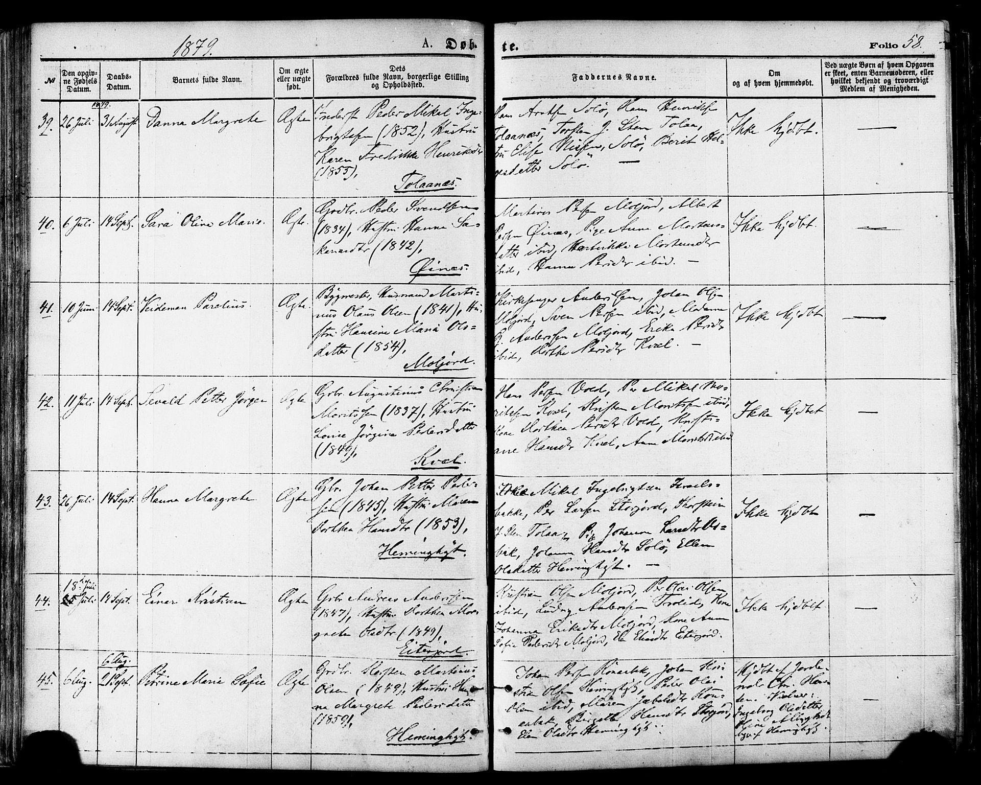 Ministerialprotokoller, klokkerbøker og fødselsregistre - Nordland, AV/SAT-A-1459/846/L0645: Ministerialbok nr. 846A03, 1872-1886, s. 58