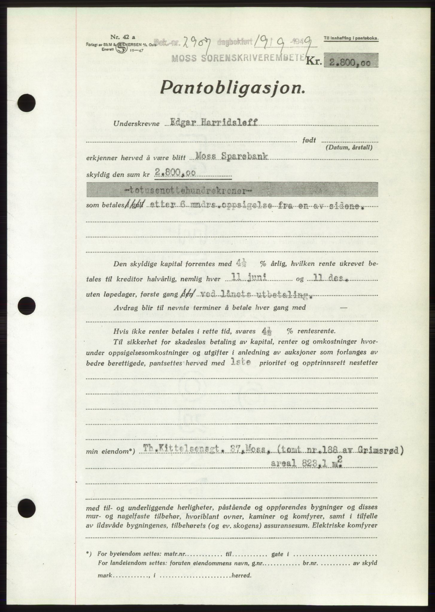 Moss sorenskriveri, SAO/A-10168: Pantebok nr. B22, 1949-1949, Dagboknr: 2907/1949