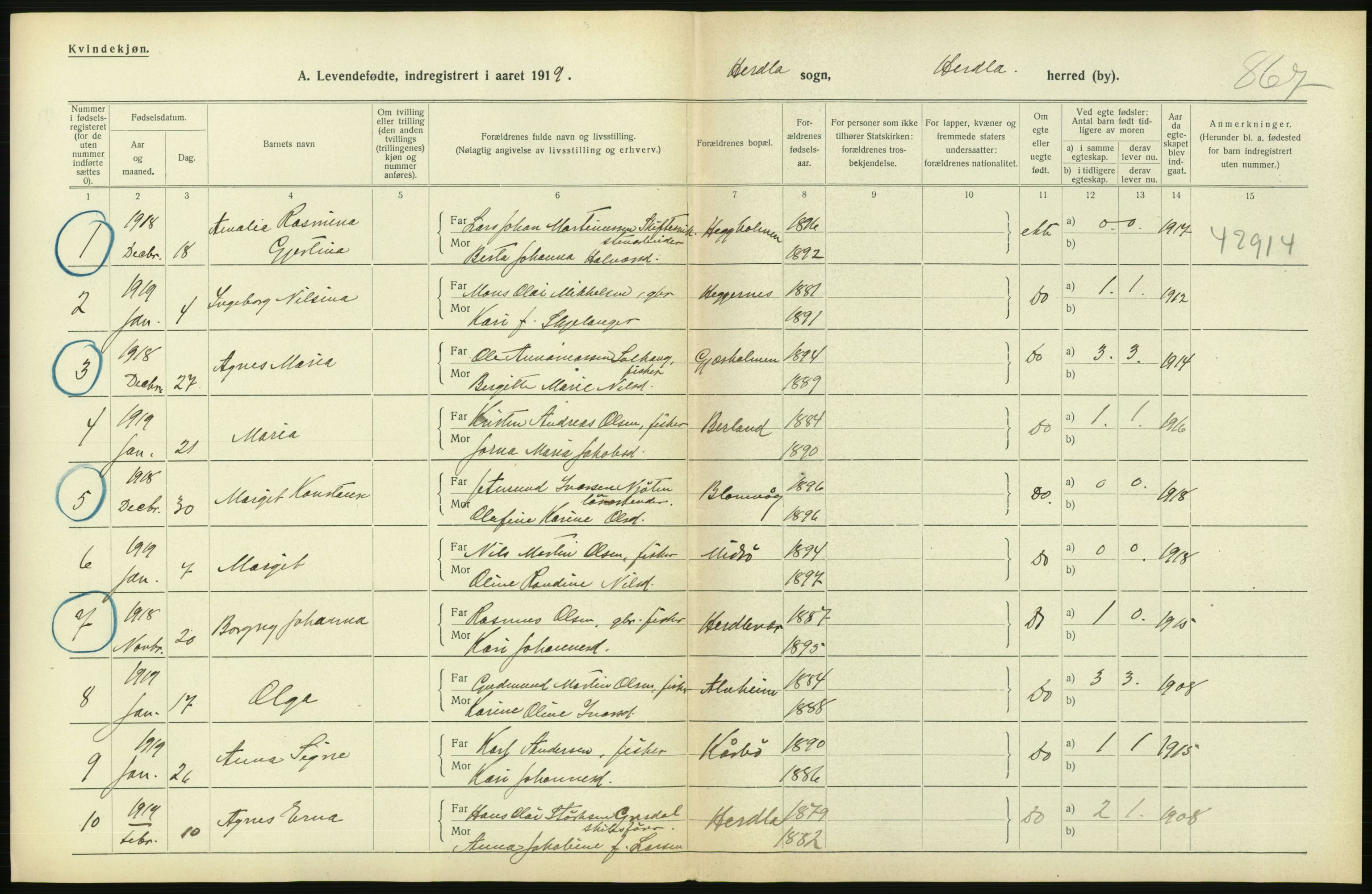 Statistisk sentralbyrå, Sosiodemografiske emner, Befolkning, RA/S-2228/D/Df/Dfb/Dfbi/L0031: Hordaland fylke: Levendefødte menn og kvinner. Bygder., 1919, s. 472