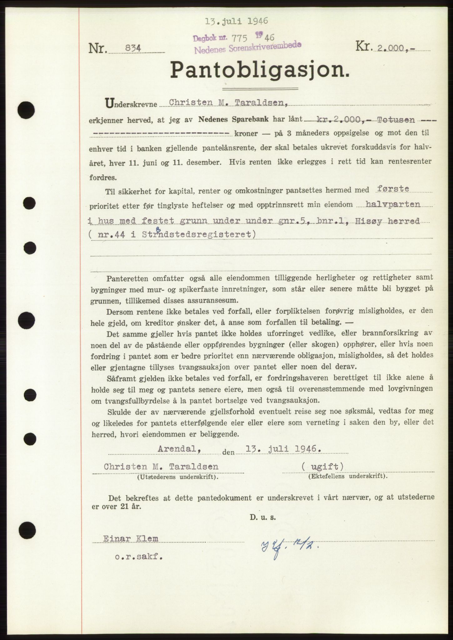 Nedenes sorenskriveri, SAK/1221-0006/G/Gb/Gbb/L0003: Pantebok nr. B3b, 1946-1946, Dagboknr: 775/1946