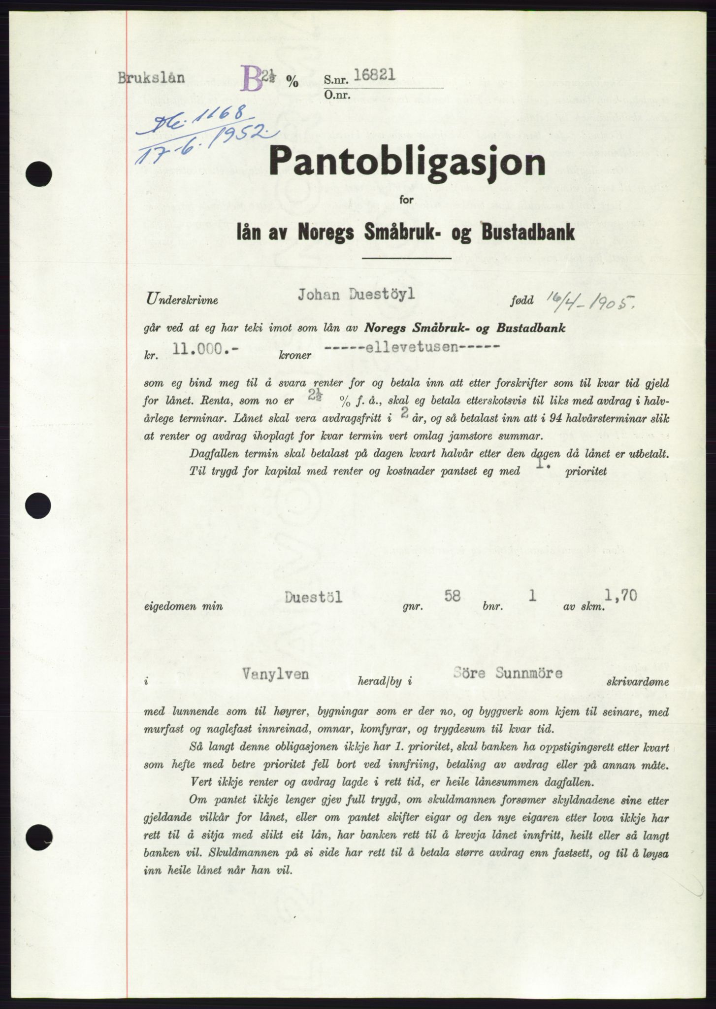 Søre Sunnmøre sorenskriveri, AV/SAT-A-4122/1/2/2C/L0121: Pantebok nr. 9B, 1951-1952, Dagboknr: 1168/1952