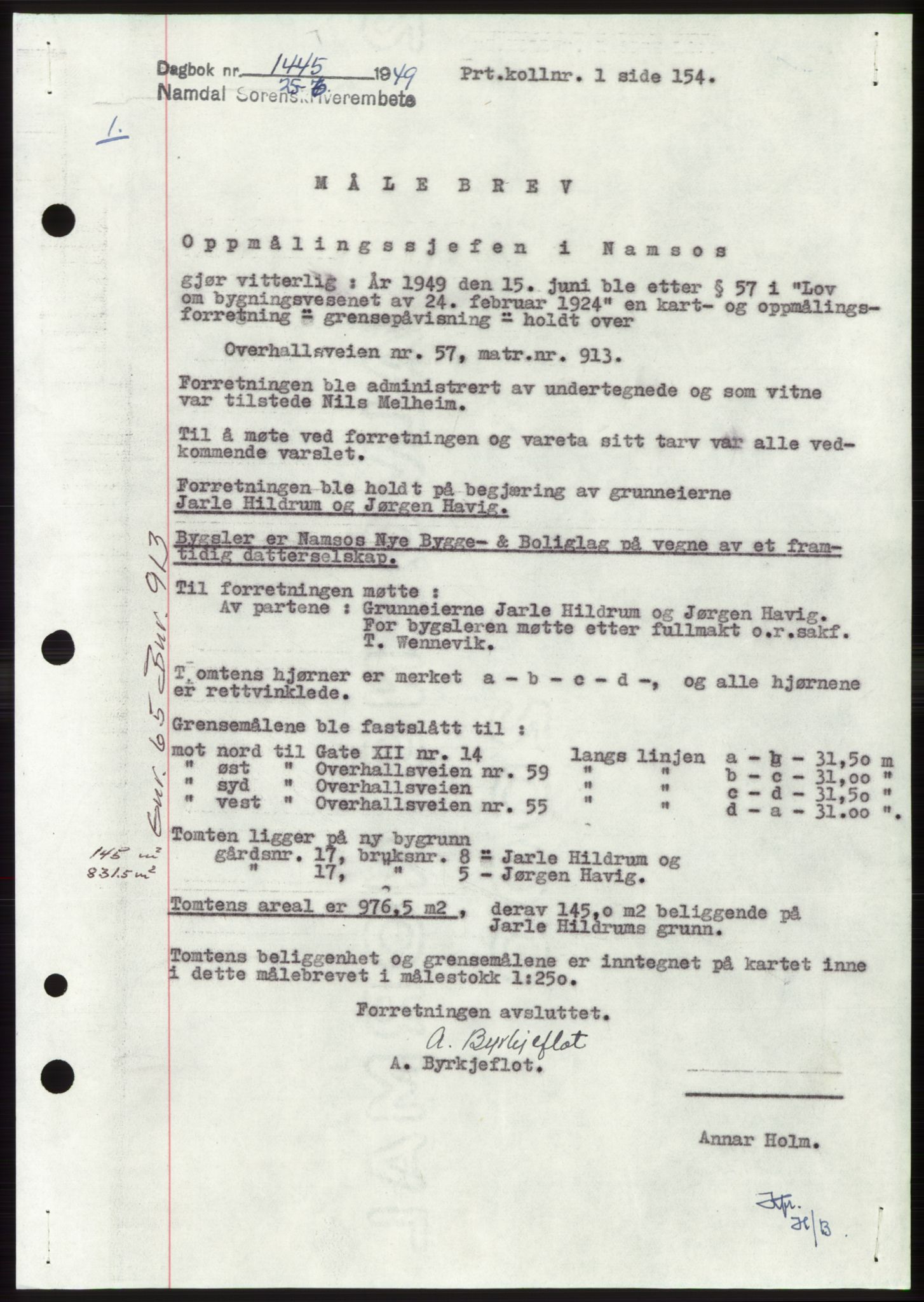 Namdal sorenskriveri, SAT/A-4133/1/2/2C: Pantebok nr. -, 1949-1949, Dagboknr: 1445/1949