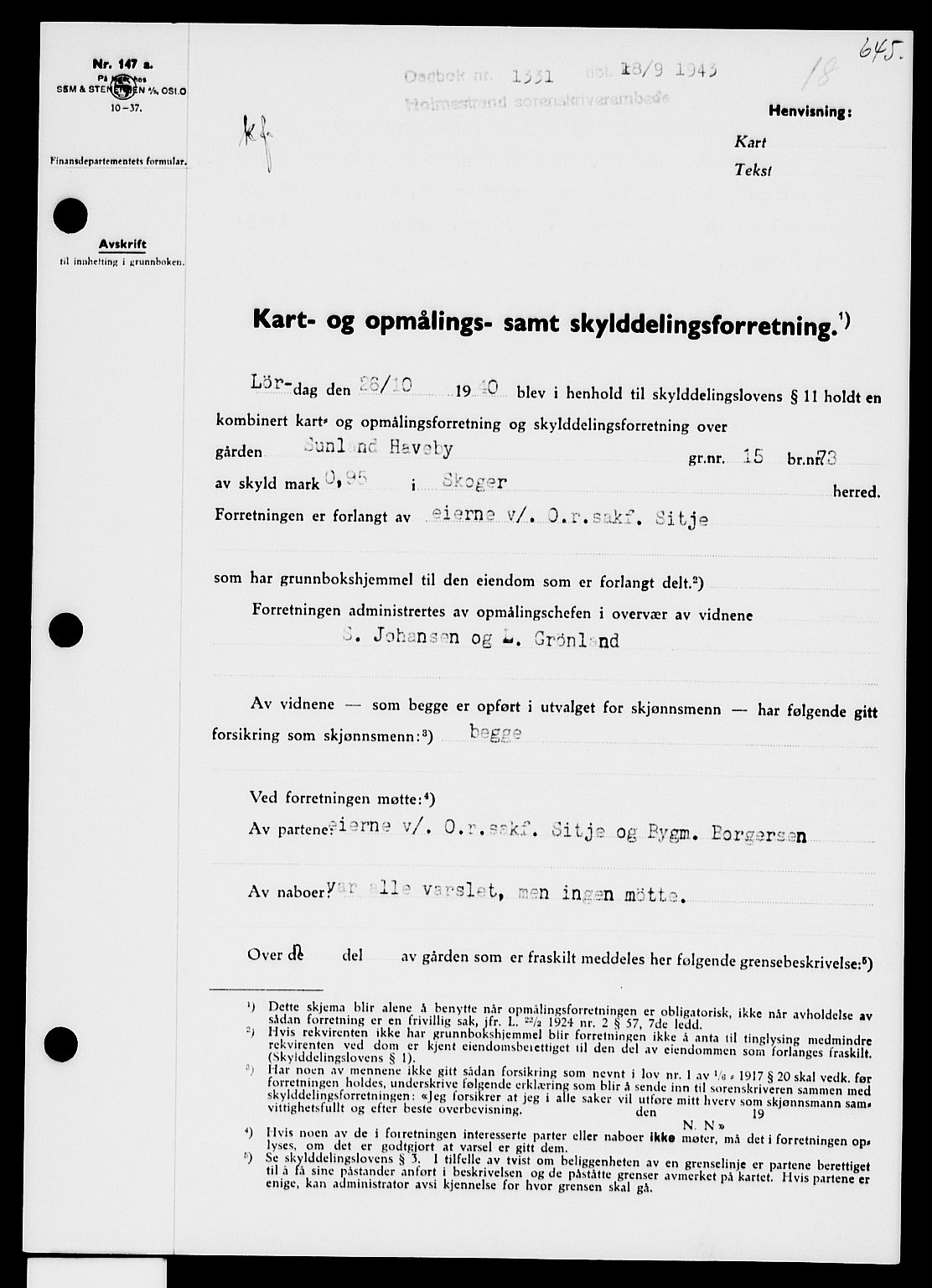 Holmestrand sorenskriveri, SAKO/A-67/G/Ga/Gaa/L0057: Pantebok nr. A-57, 1943-1944, Dagboknr: 1331/1943