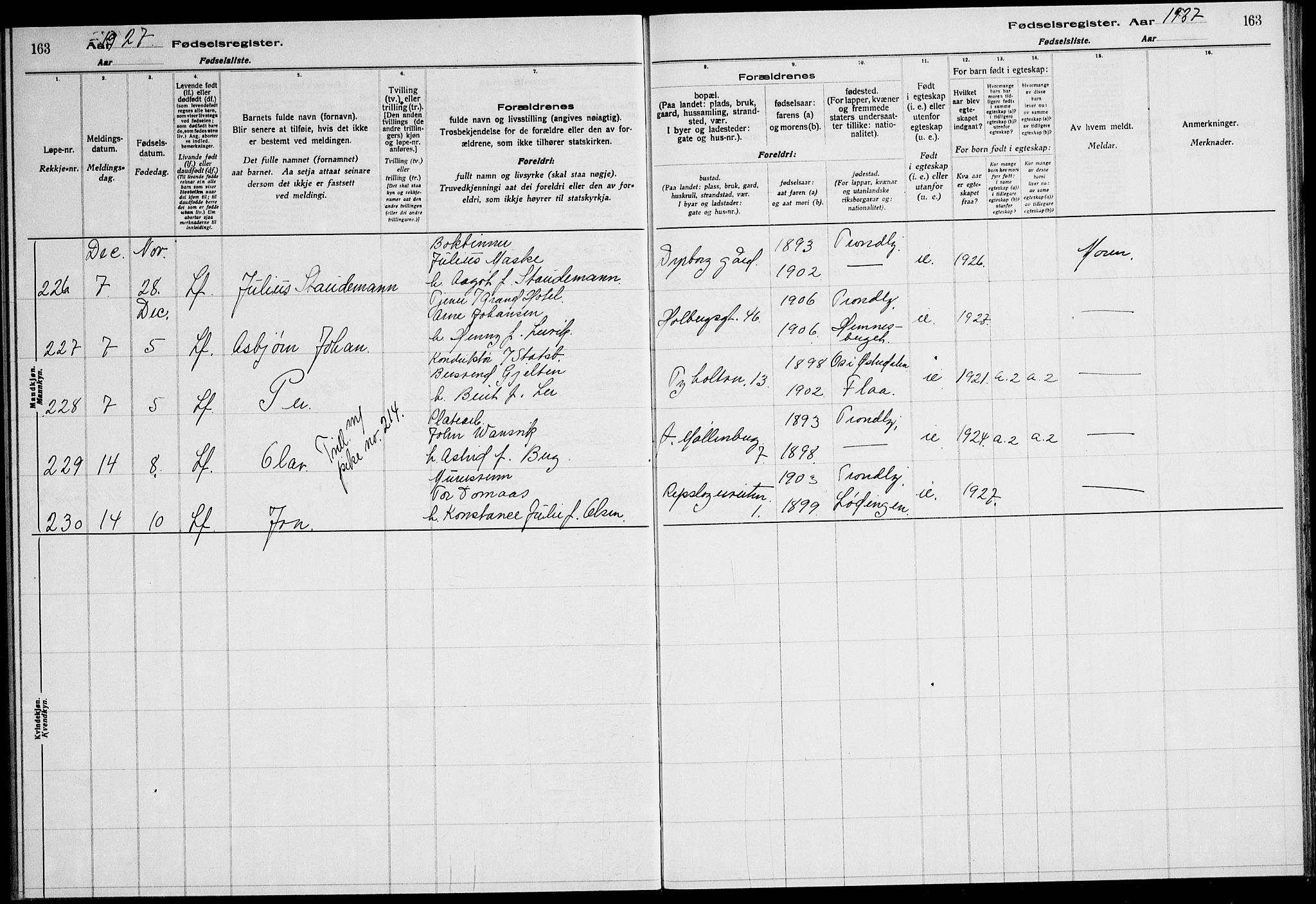 Ministerialprotokoller, klokkerbøker og fødselsregistre - Sør-Trøndelag, AV/SAT-A-1456/600/L0004: Fødselsregister nr. 600.II.4.3, 1924-1928, s. 163