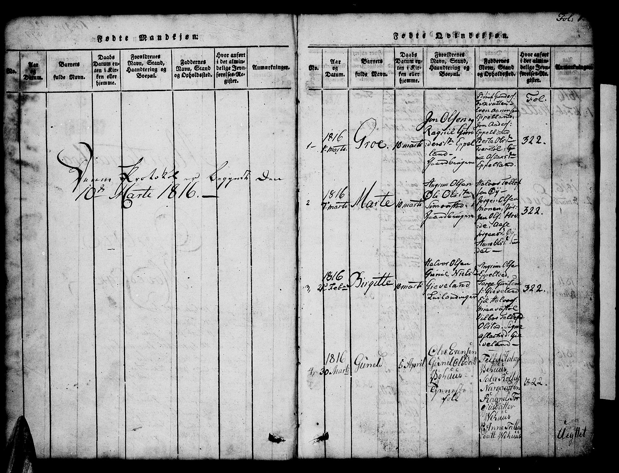 Åmli sokneprestkontor, SAK/1111-0050/F/Fb/Fbc/L0001: Klokkerbok nr. B 1, 1816-1867, s. 1